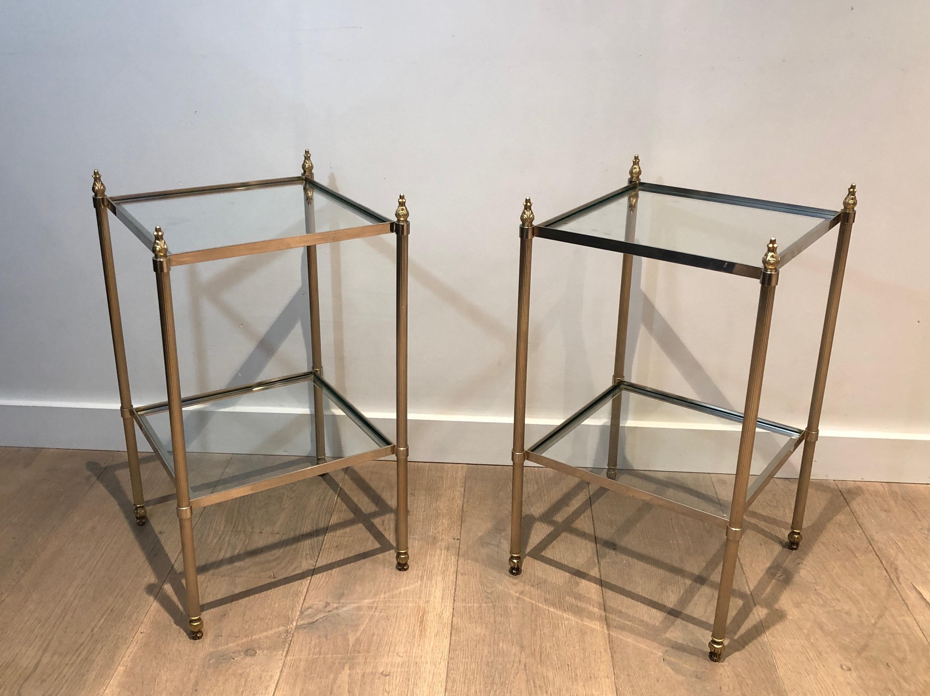 Neoclassical Pair of Silver Plated Side Tables with 2 Tiers and Fluted Legs, French Work Attr