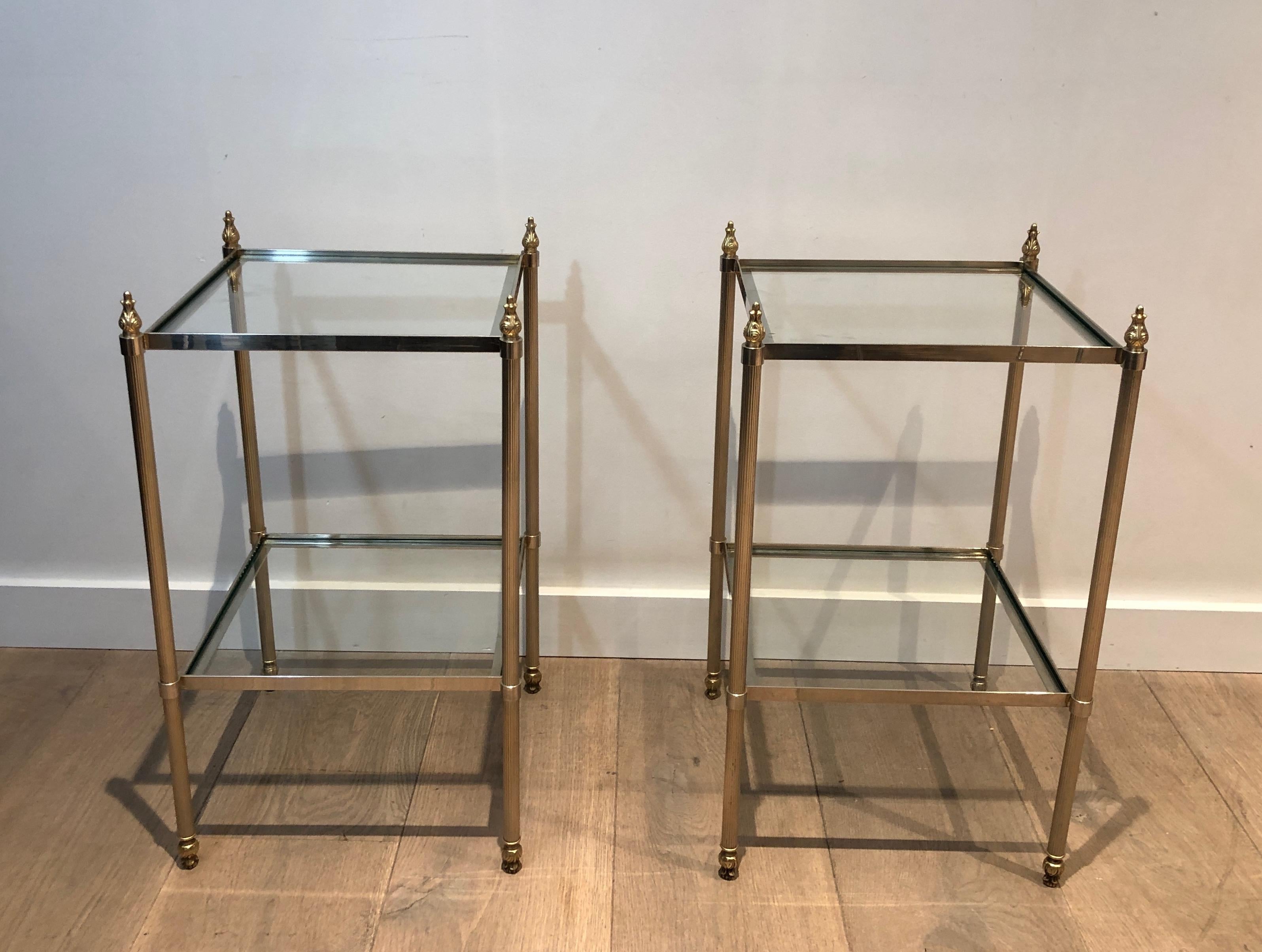 Silvered Pair of Silver Plated Side Tables with 2 Tiers and Fluted Legs, French Work Attr