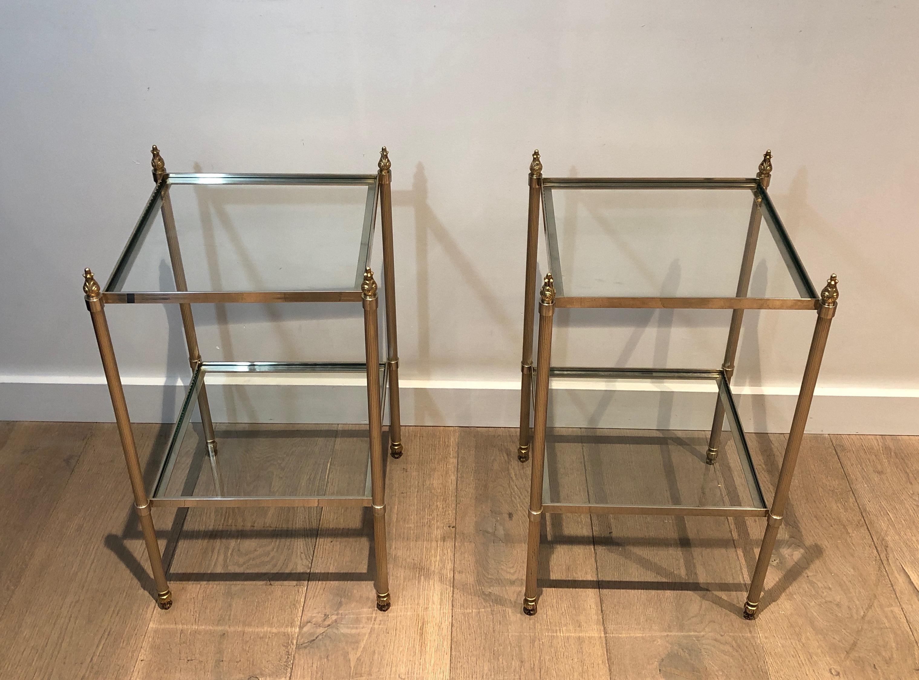 Pair of Silver Plated Side Tables with 2 Tiers and Fluted Legs, French Work Attr In Good Condition In Marcq-en-Barœul, Hauts-de-France