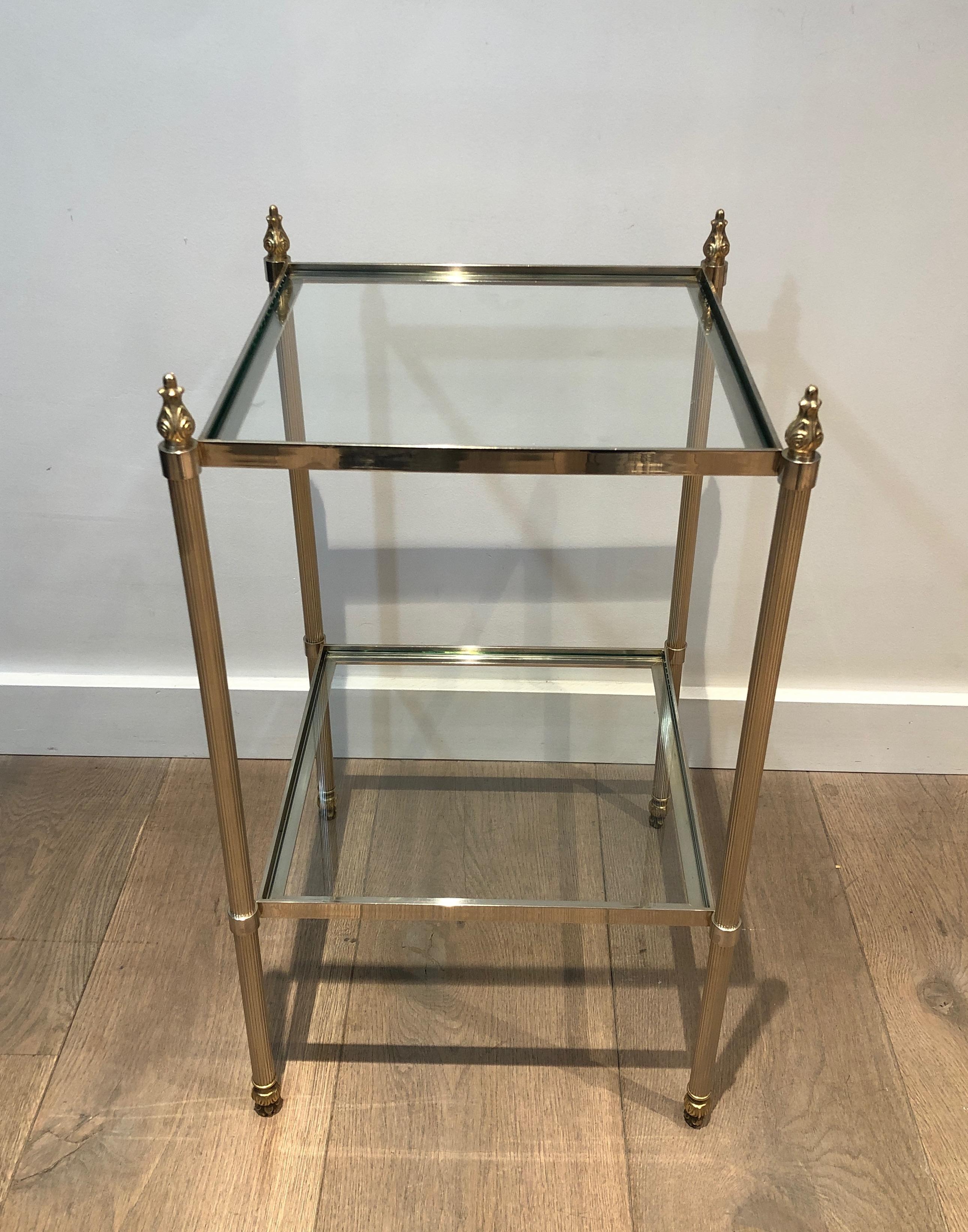 Brass Pair of Silver Plated Side Tables with 2 Tiers and Fluted Legs, French Work Attr
