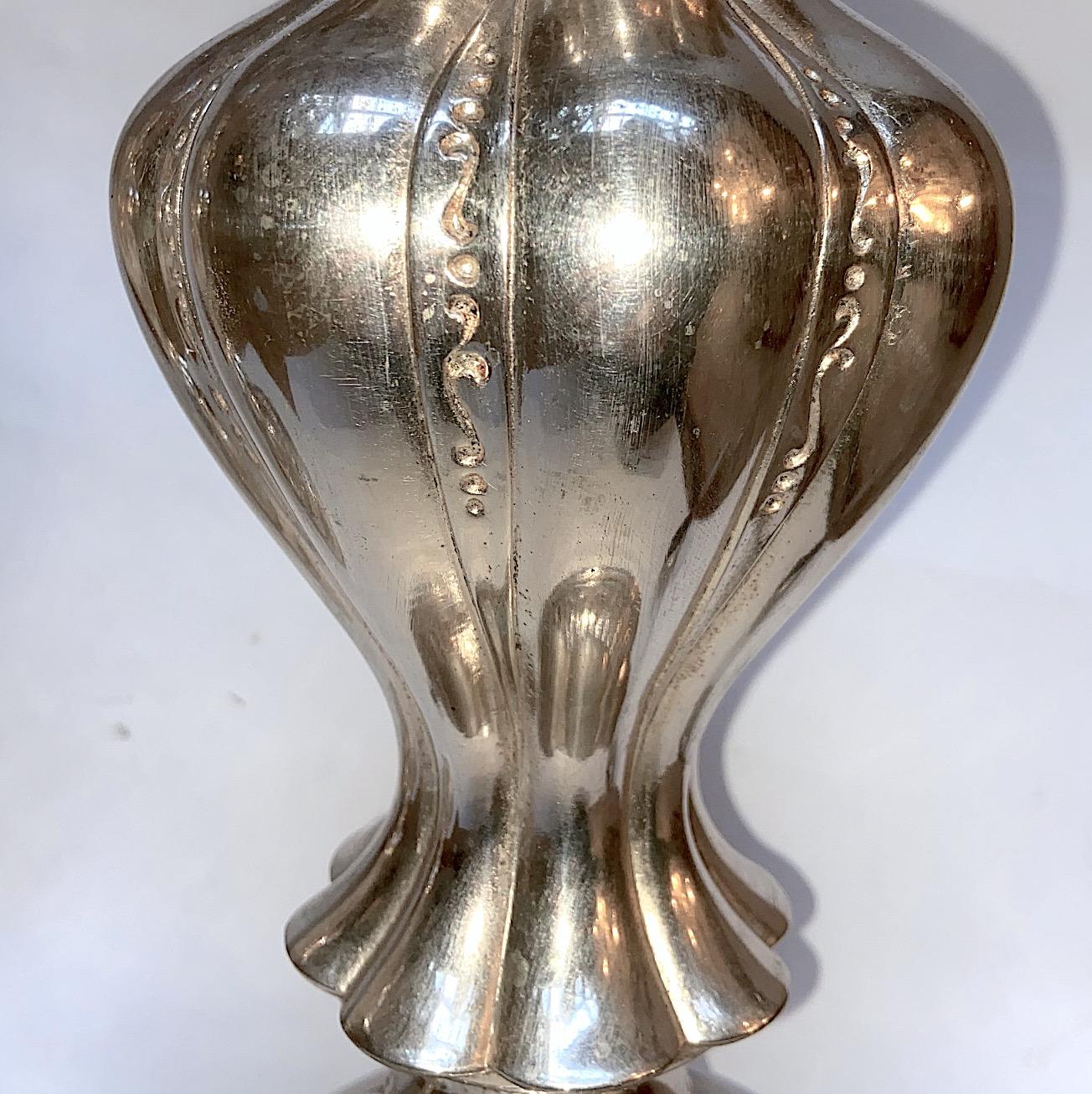Silvered Pair of Silver Plated Table Lamps For Sale