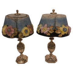 Pair of Silver Plated Table Lamps with Painted Ceramic Floral Glass Shades