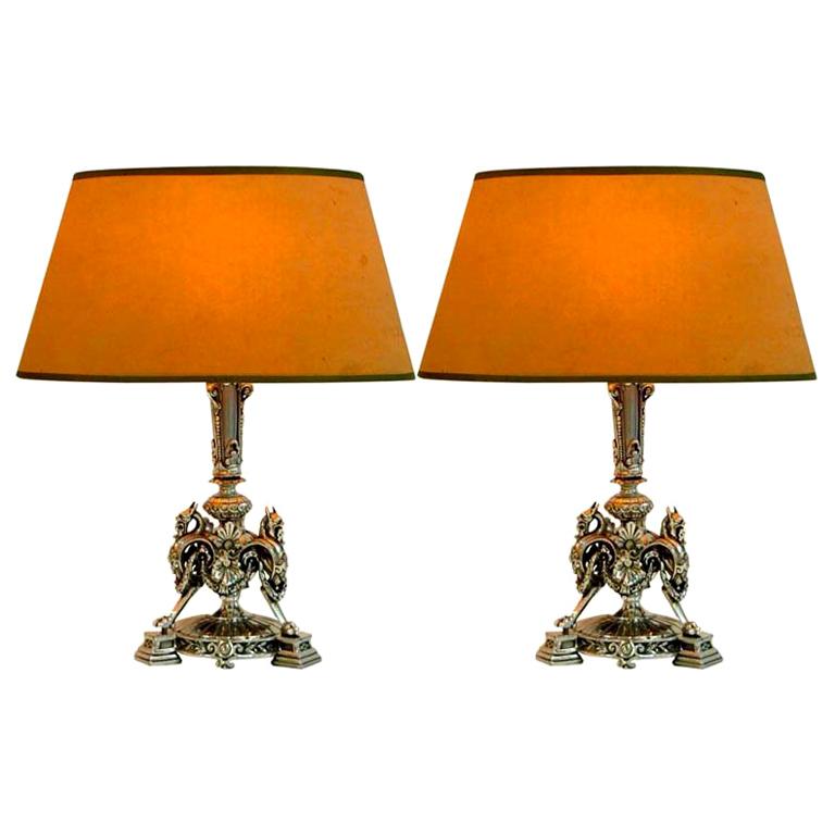 Pair of Silver Plated Tri-form Griffin Lamps For Sale