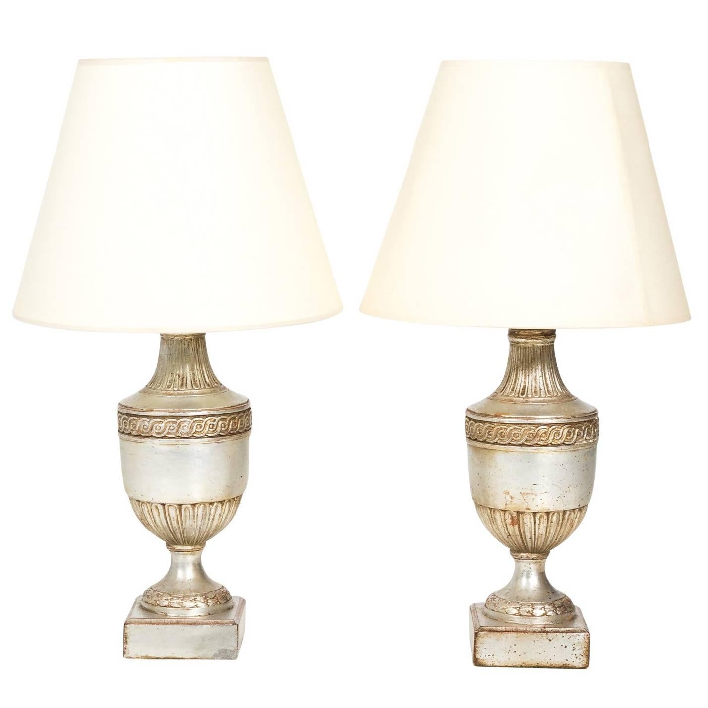 Pair of Silver Plated Urn Lamps For Sale