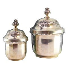 Pair of silver pots with beaded edges, floral reliefs, and flower knobs