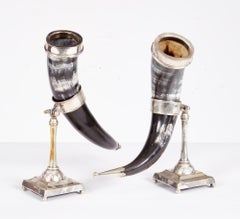 Pair of Silver Rimmed Horn Cups in Stands