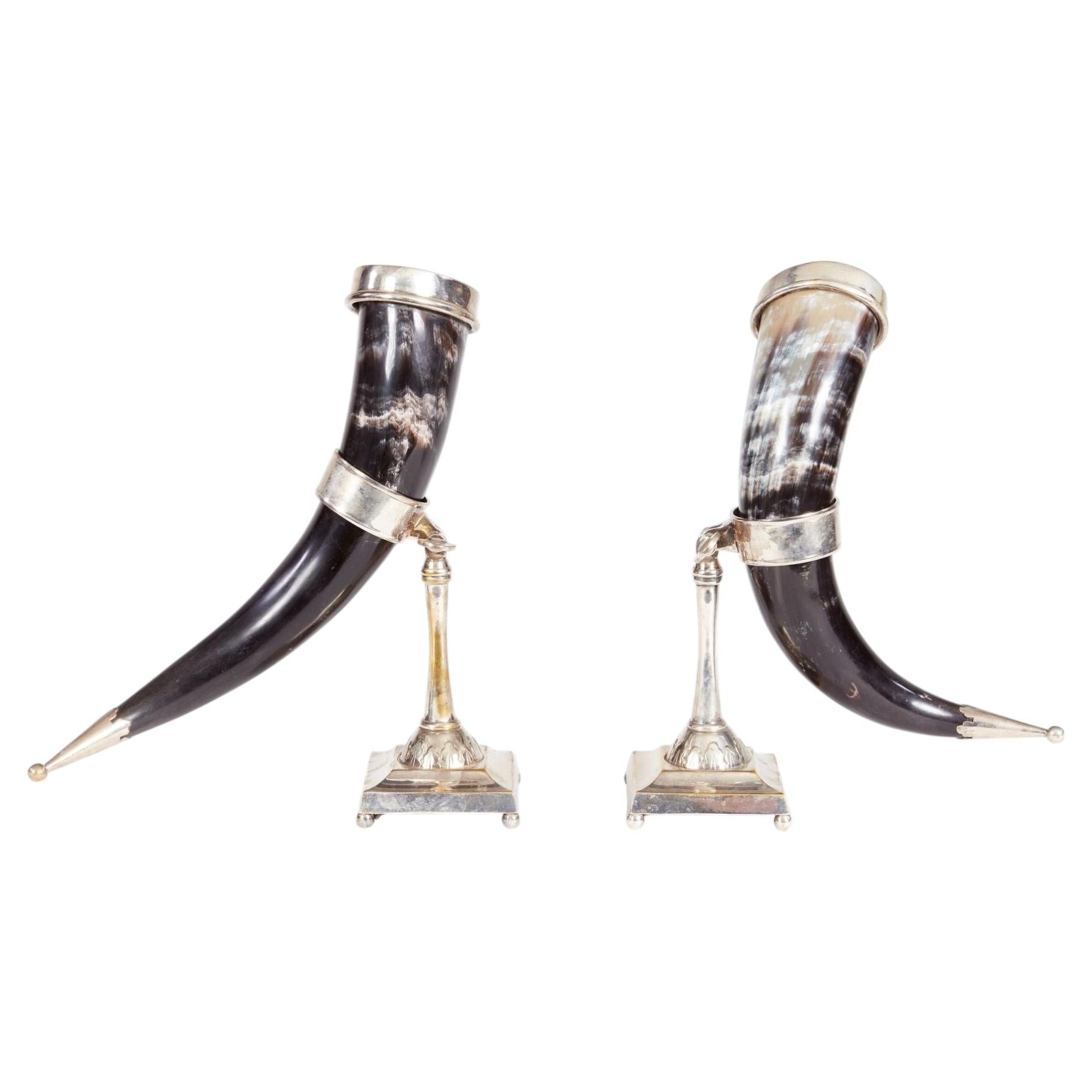 Pair of Silver Rimmed Horn Cups in Stands For Sale