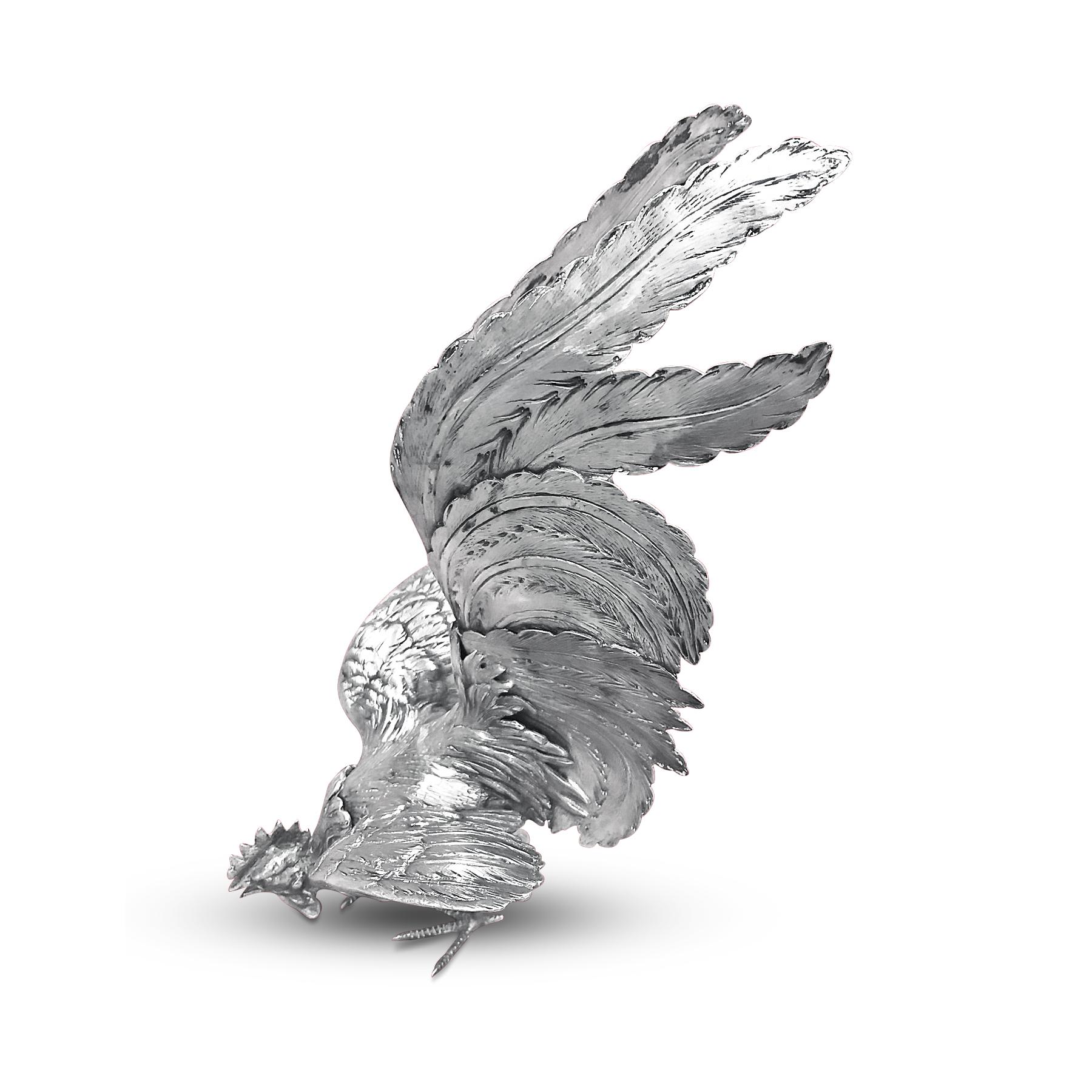 Artisan Extreme Rare German Made, Pair of Silver Rooster Figurine  For Sale