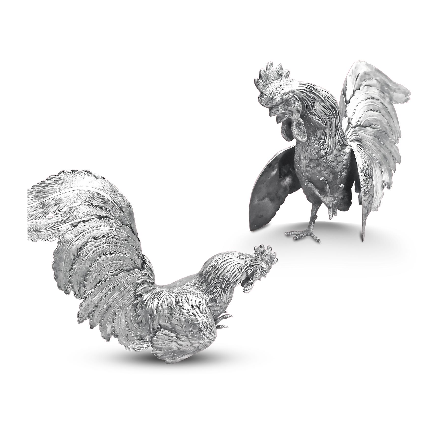 Women's or Men's Extreme Rare German Made, Pair of Silver Rooster Figurine  For Sale