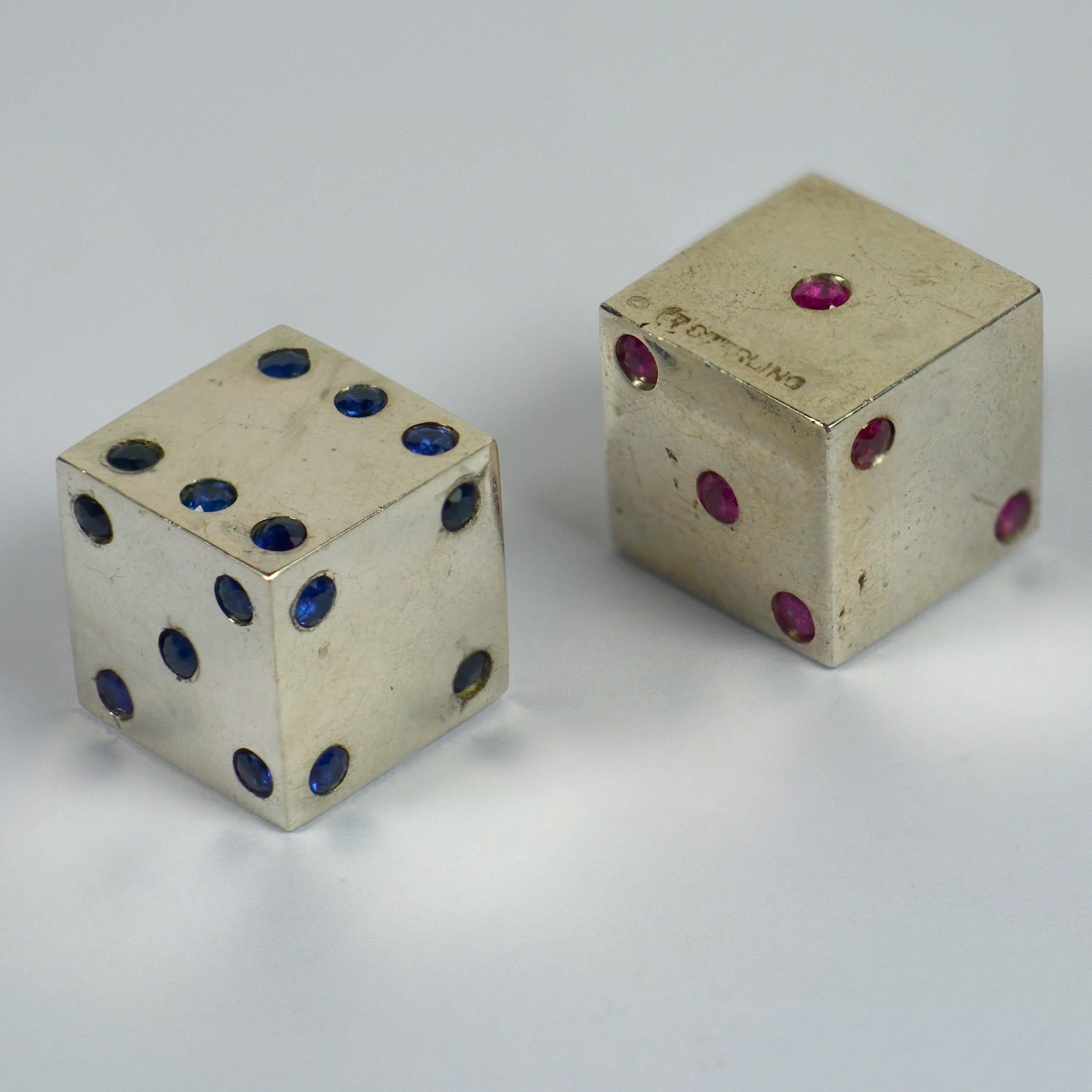 Women's or Men's Pair of Silver Ruby Sapphire Dice