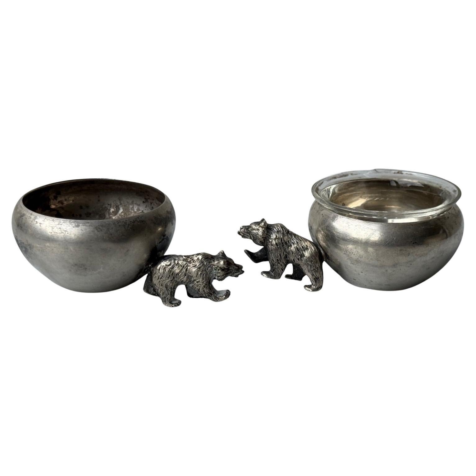 Pair of Silver Salt Cellars and Pepper Shakers with Bear Handles For Sale