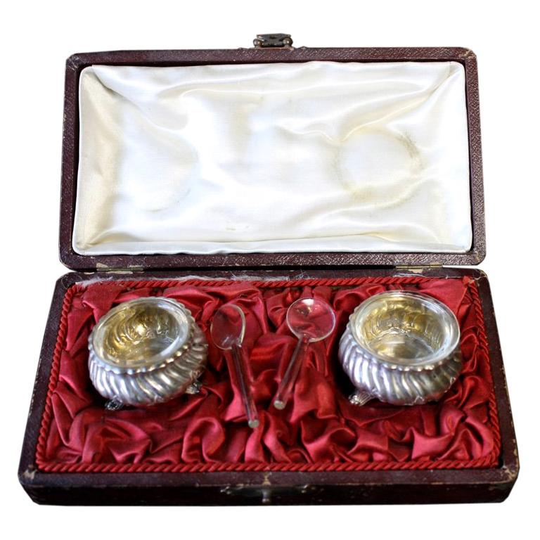 Pair of Silver Salts with Crystal Spoons in Box