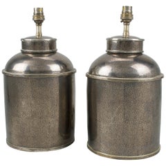 Used Pair of Silver Shagreen Porcelain Tea Canisters Table Lamps