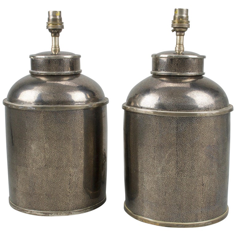 Pair of Silver Shagreen Porcelain Tea Canisters Table Lamps For Sale
