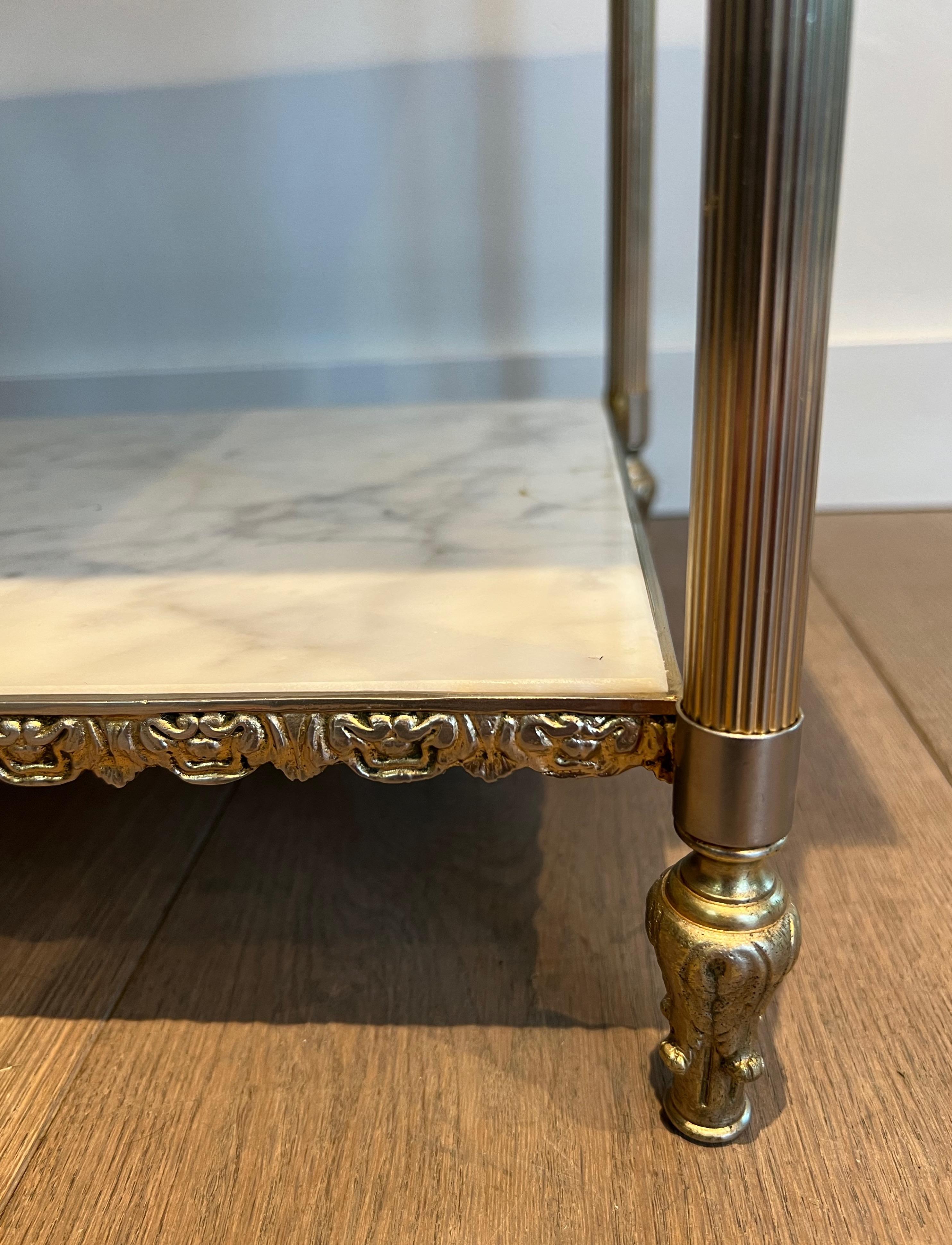 Pair of Silver Side Tables with Carrara Marble Top In the Style of Maison Jansen 2