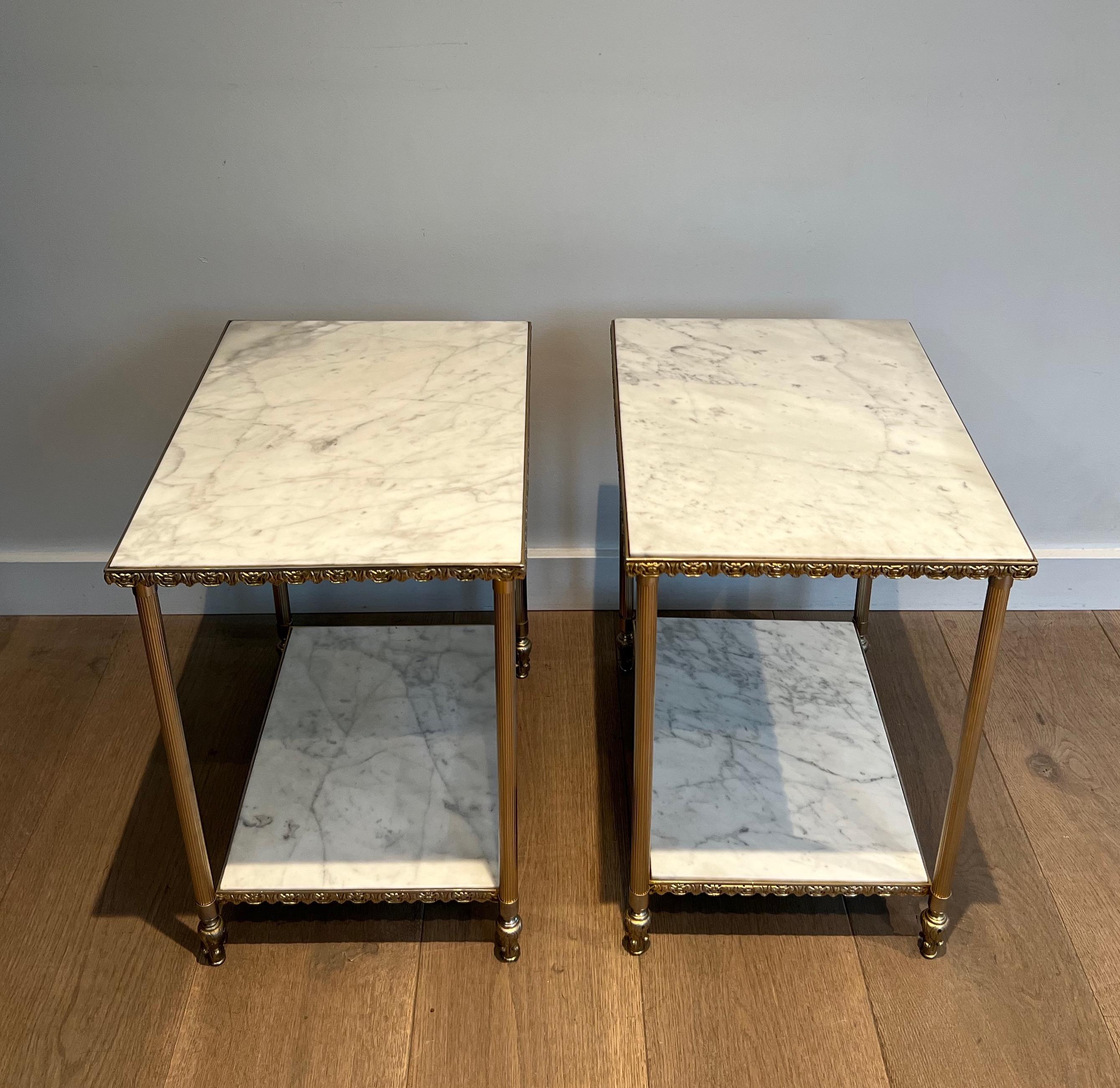 Pair of Silver Side Tables with Carrara Marble Top In the Style of Maison Jansen 3