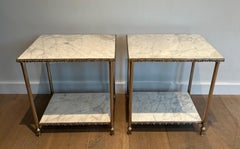 Pair of Silver Side Tables with Carrara Marble Top In the Style of Maison Jansen