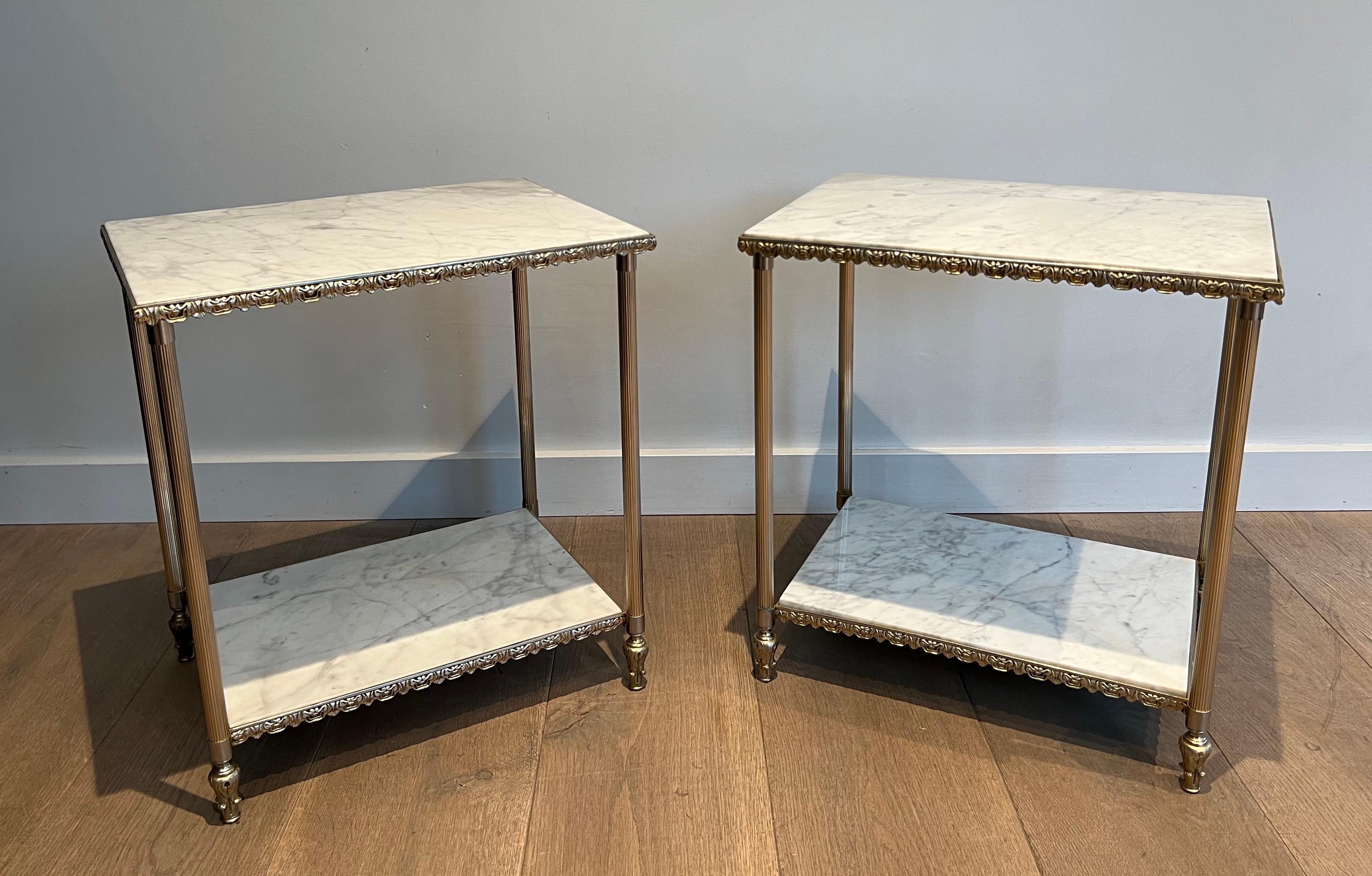 Neoclassical Pair of Silver Side Tables with Carrara Marble Top In the Style of Maison Jansen For Sale