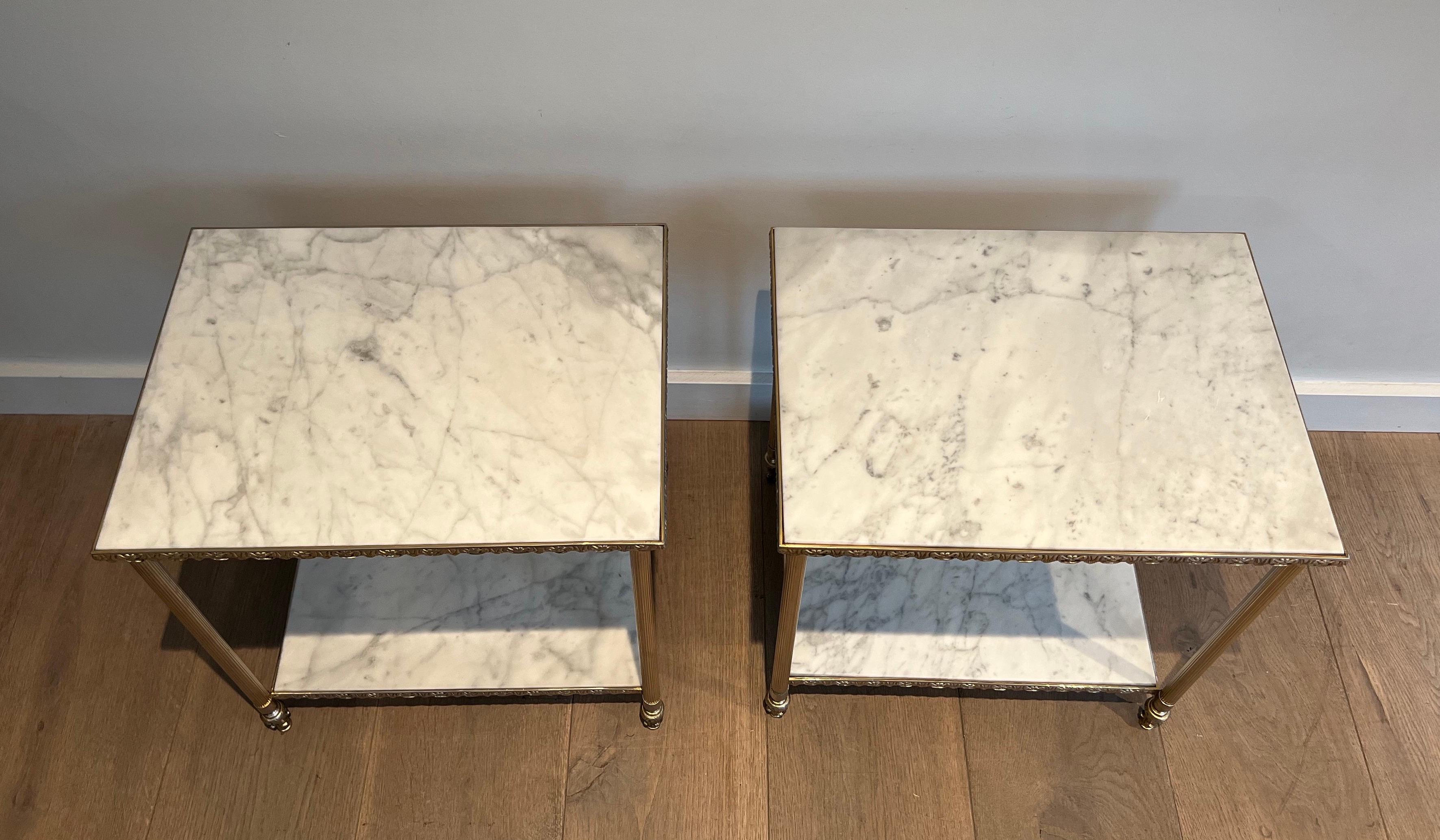 French Pair of Silver Side Tables with Carrara Marble Top In the Style of Maison Jansen For Sale