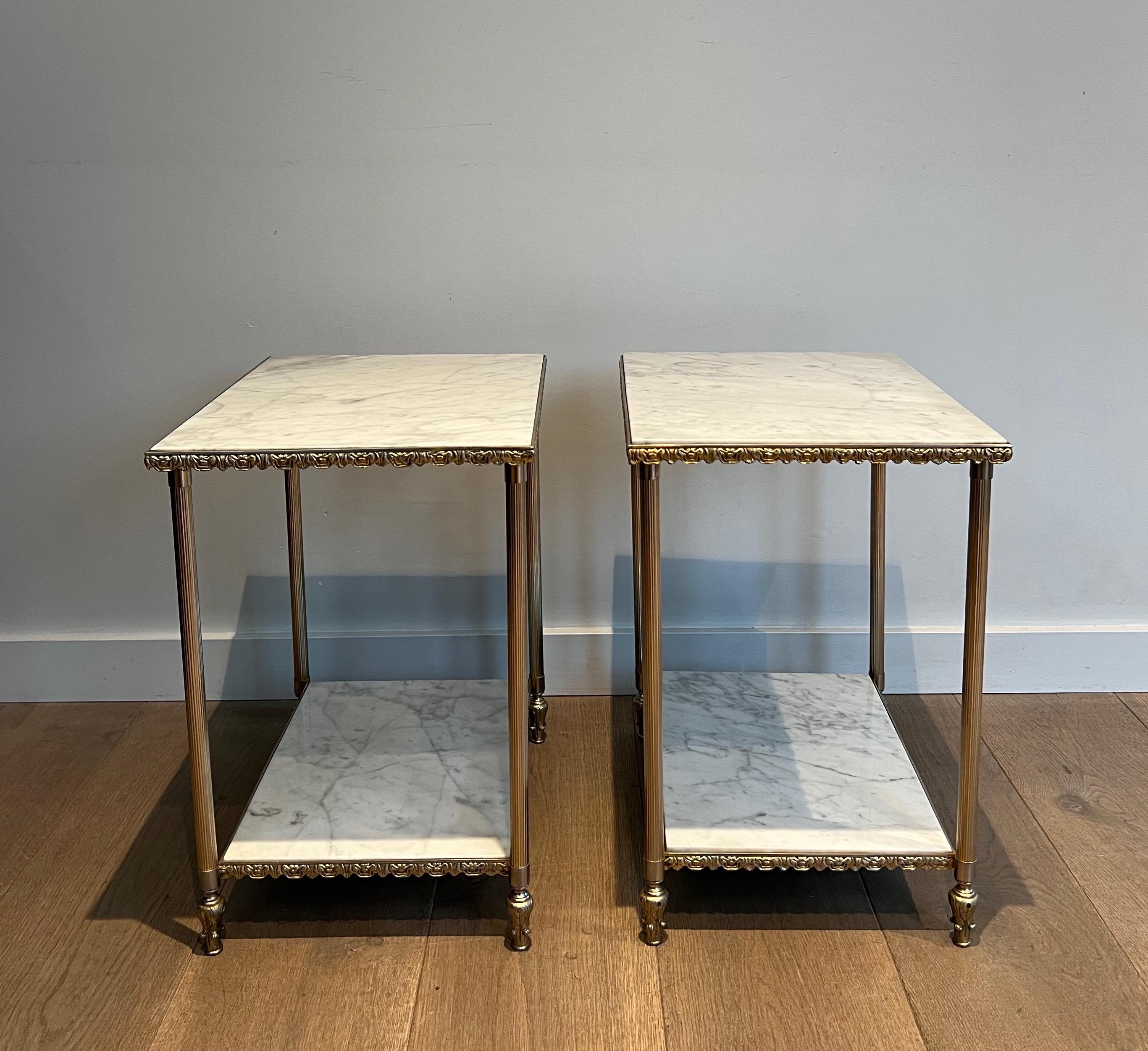 Silvered Pair of Silver Side Tables with Carrara Marble Top In the Style of Maison Jansen For Sale