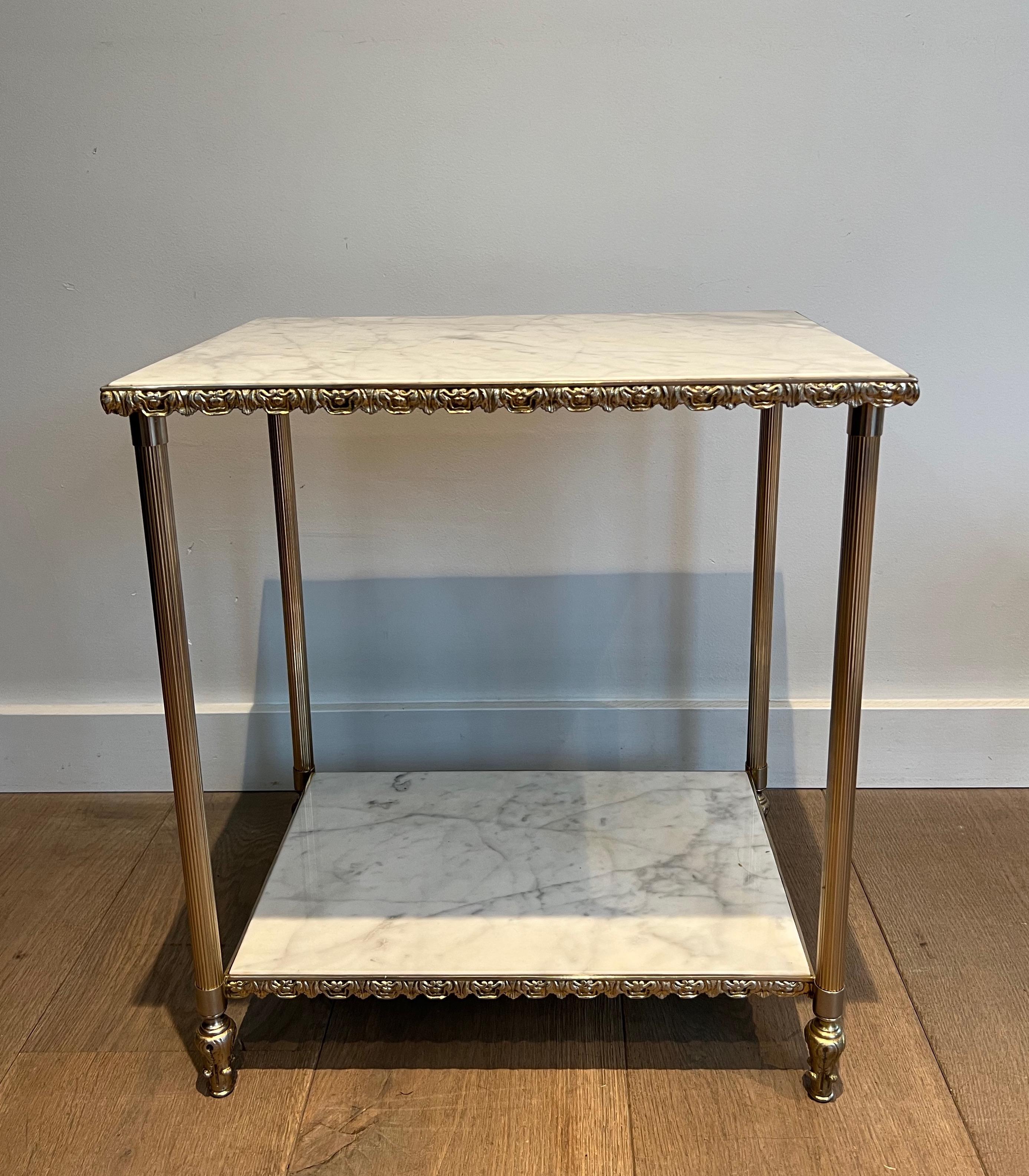 Pair of Silver Side Tables with Carrara Marble Top In the Style of Maison Jansen In Good Condition In Marcq-en-Barœul, Hauts-de-France
