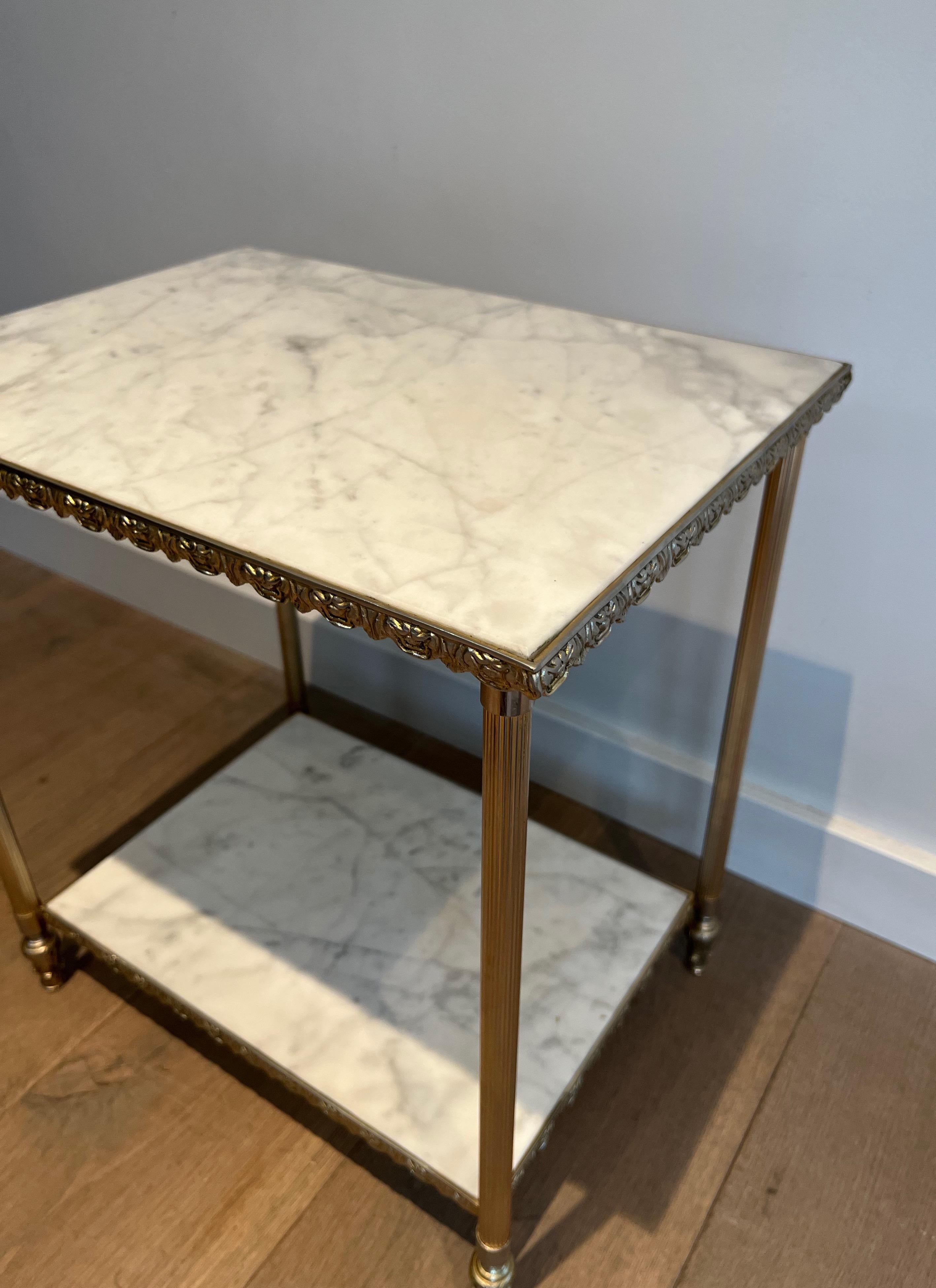 Mid-20th Century Pair of Silver Side Tables with Carrara Marble Top In the Style of Maison Jansen