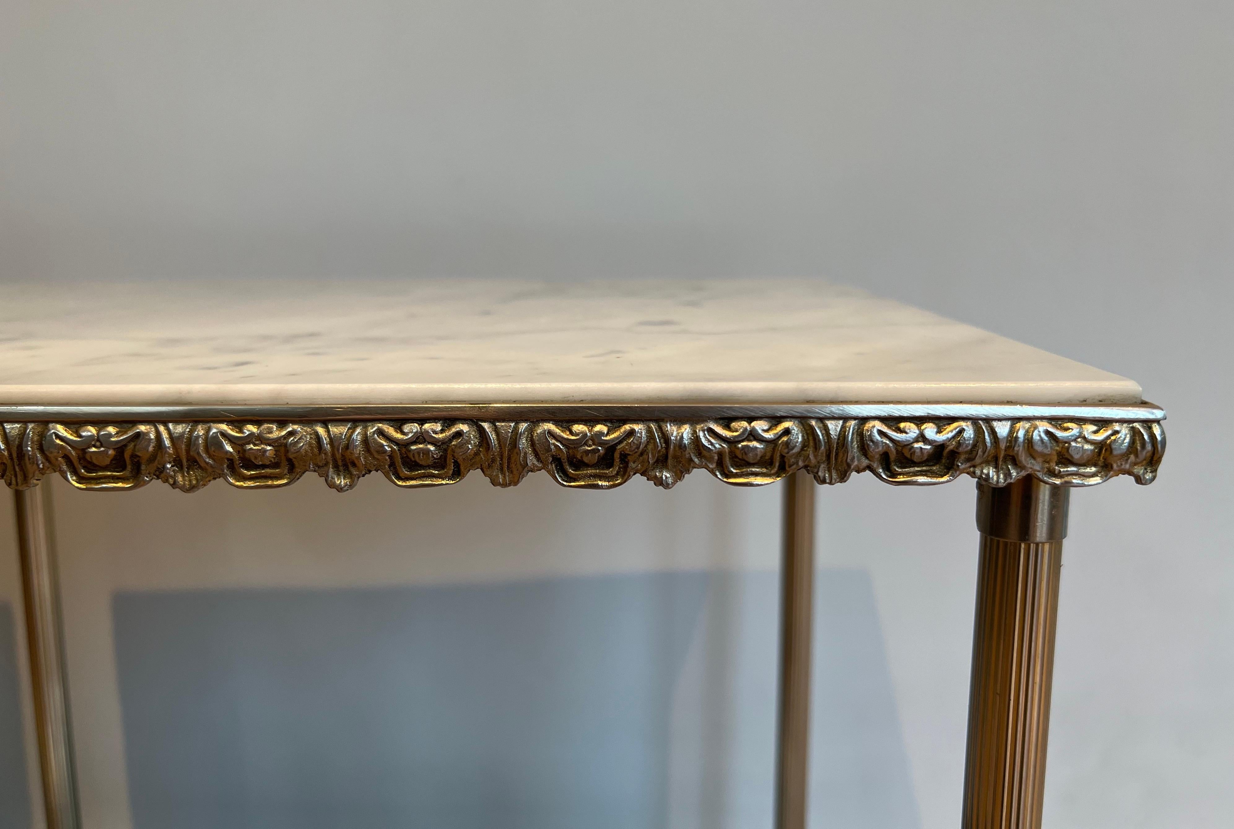 Metal Pair of Silver Side Tables with Carrara Marble Top In the Style of Maison Jansen