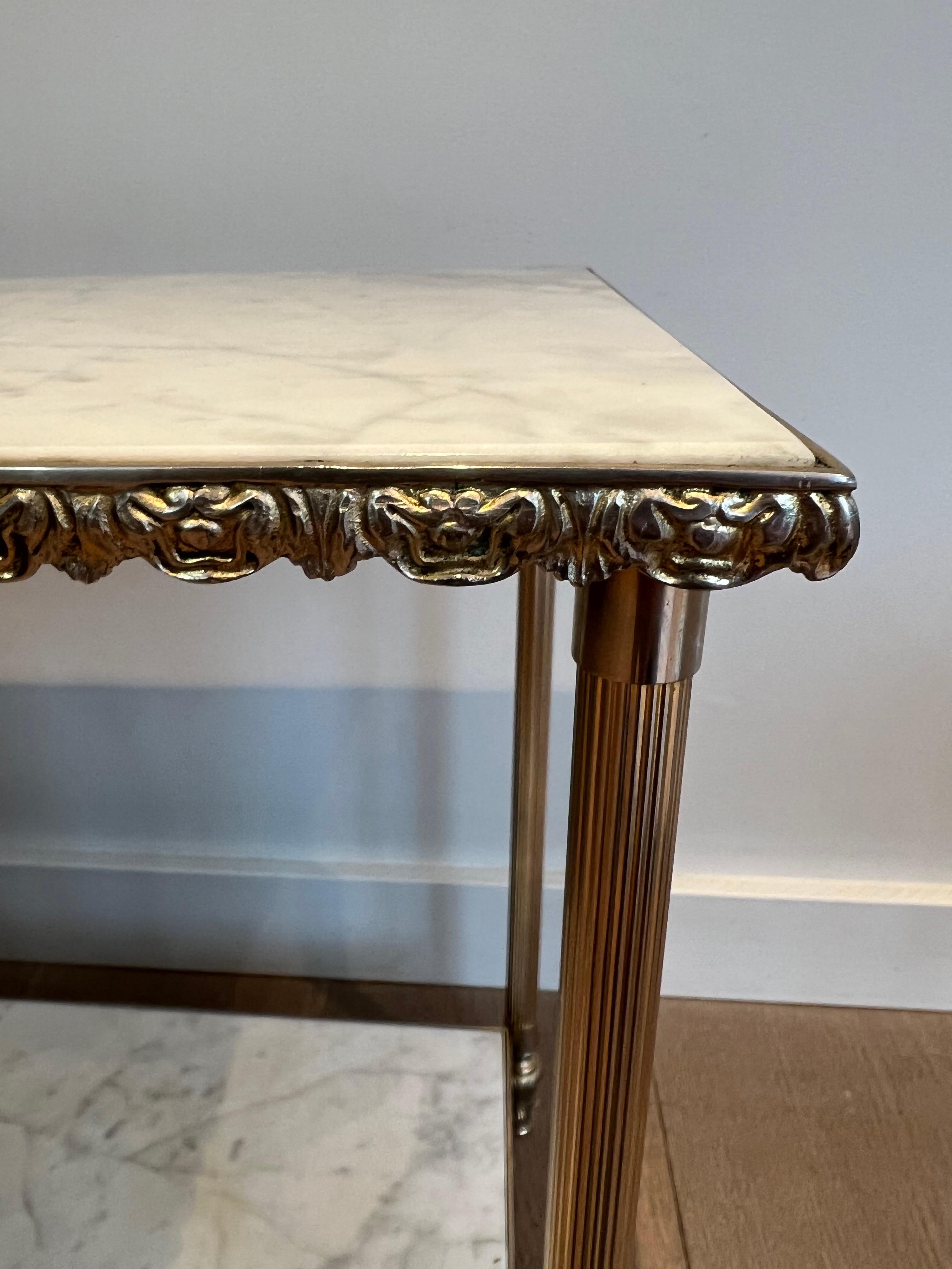 Pair of Silver Side Tables with Carrara Marble Top In the Style of Maison Jansen For Sale 2