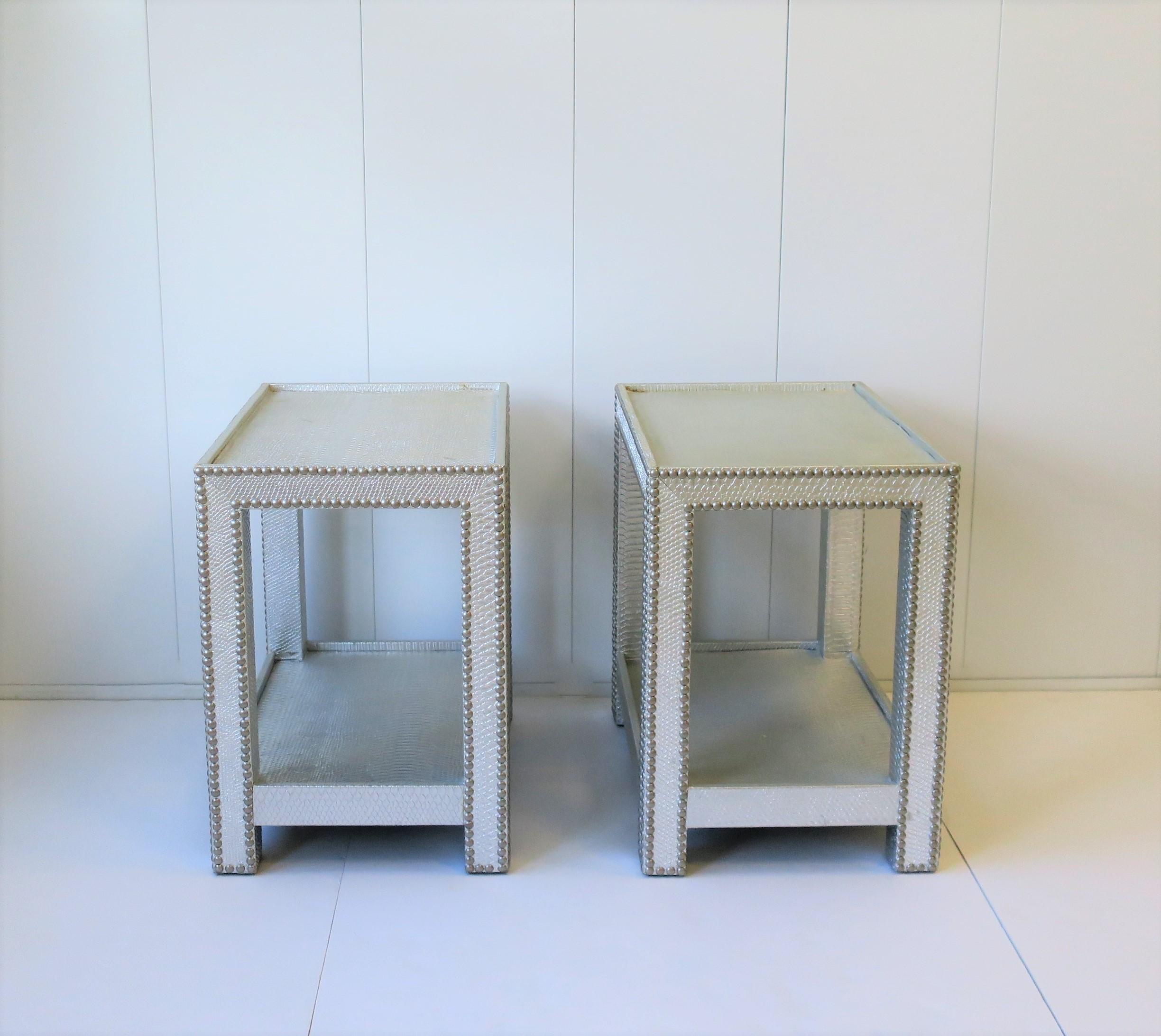 Modern End or Nightstand Tables with Silver Snakeskin-esque Design