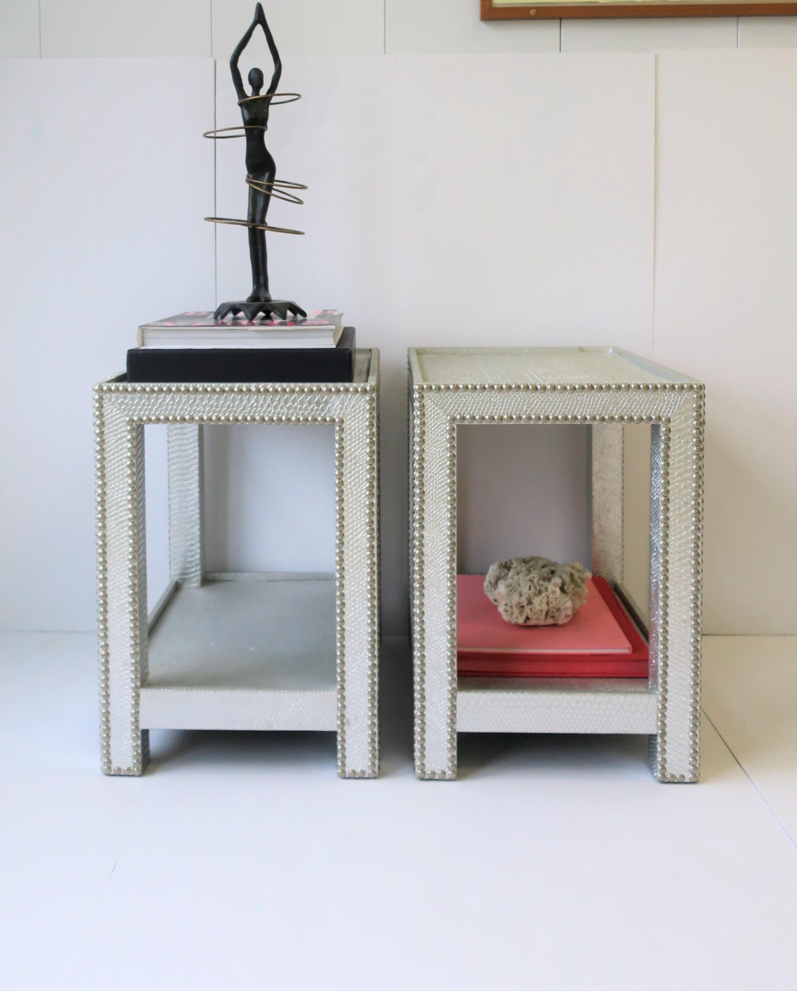 Contemporary End or Nightstand Tables with Silver Snakeskin-esque Design