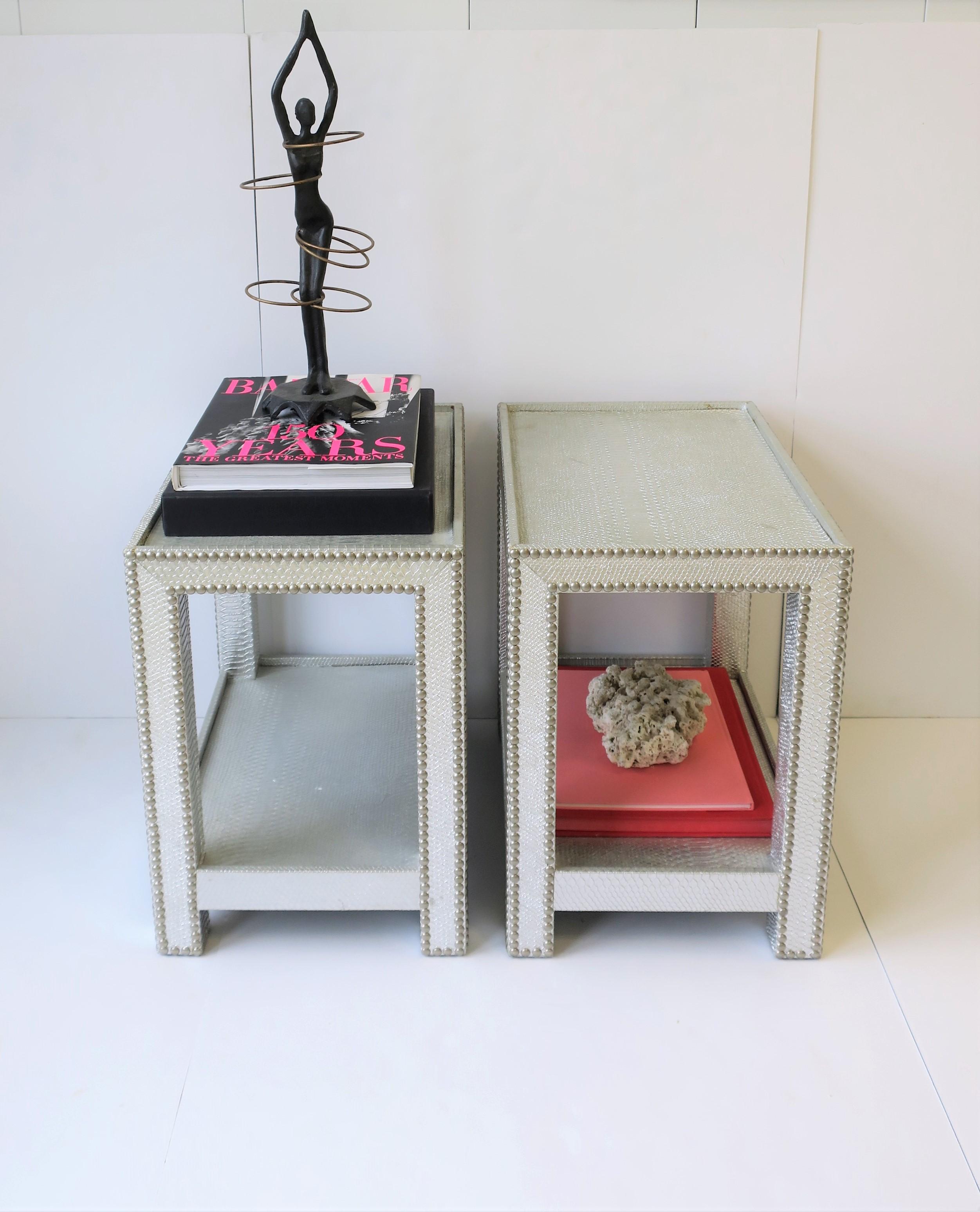 Metal End or Nightstand Tables with Silver Snakeskin-esque Design