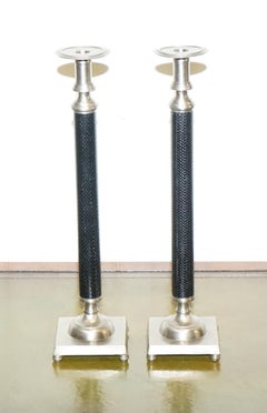 COPPIA DI PORTACANDELE IN ACCIAIO INOX ARGENTO E NERO IN STILE RALPH LAUREN