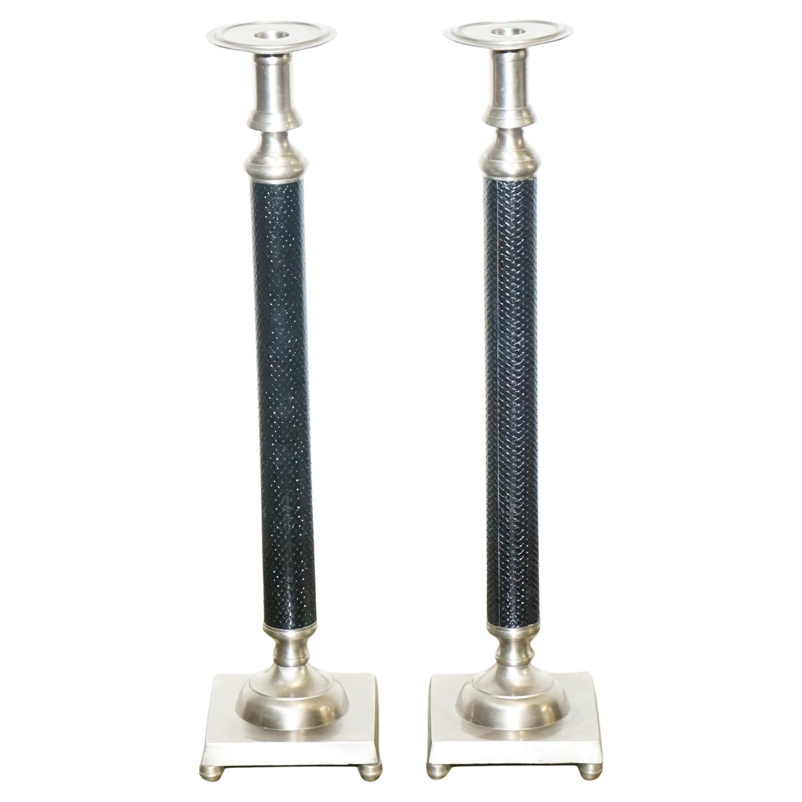 PAIR OF SILVER STAiNLESS STEEL & BLACK RALPH LAUREN STYLE CANDLEHOLDERS