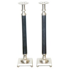 PAIR OF SILVER STAiNLESS STEEL & BLACK RALPH LAUREN STYLE CANDLEHOLDERS