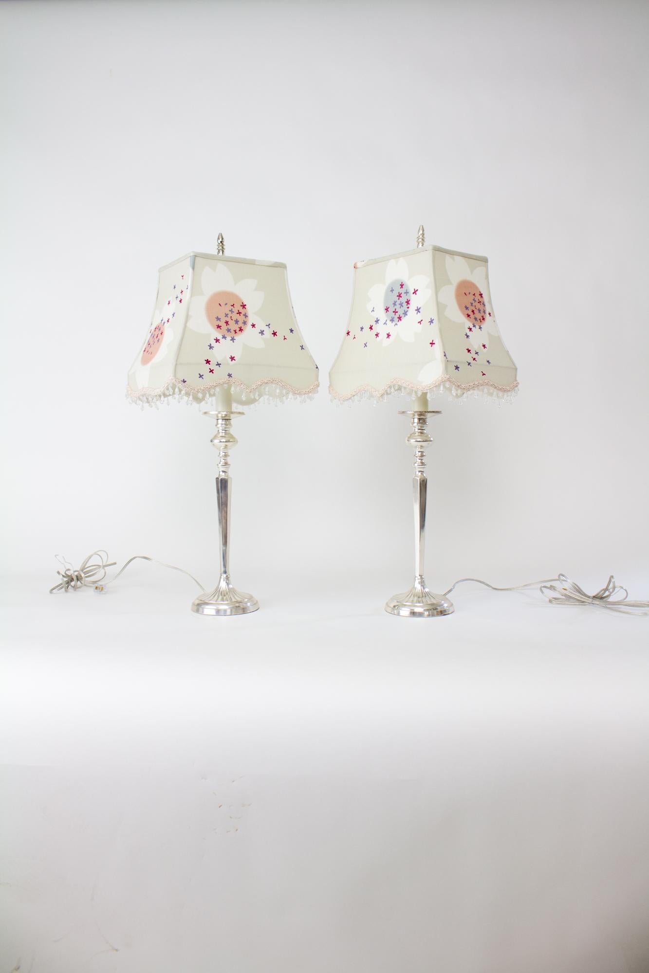 Anglo-Japanese Pair of Silver Table Lamps with Custom Yukata Lampshades For Sale