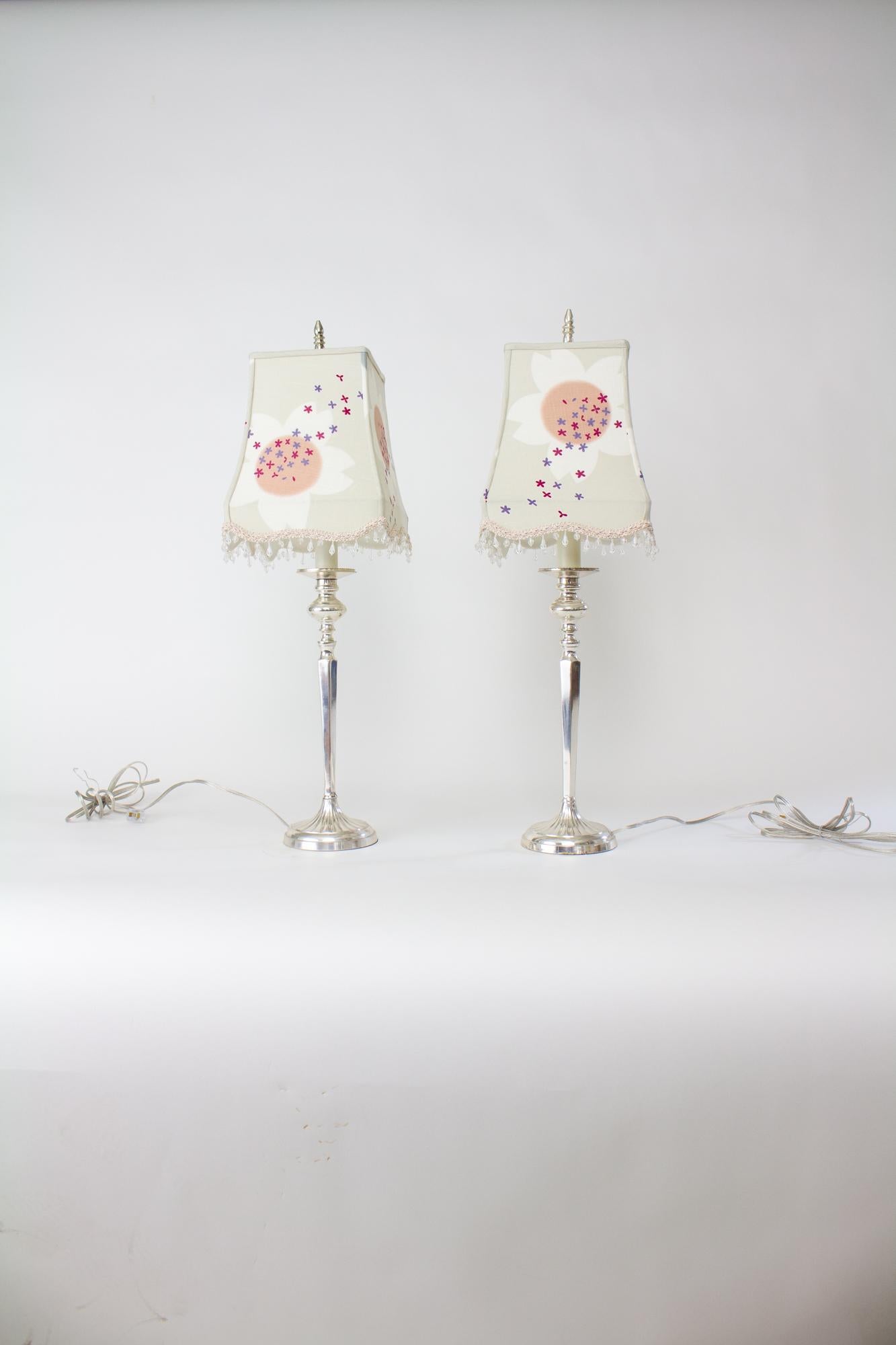 Japanese Pair of Silver Table Lamps with Custom Yukata Lampshades For Sale