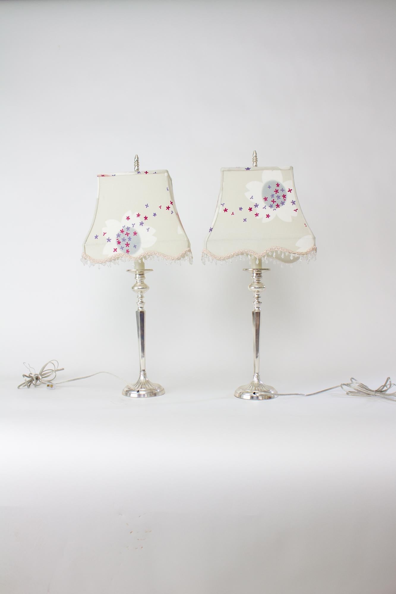 Pair of Silver Table Lamps with Custom Yukata Lampshades In Excellent Condition For Sale In Canton, MA