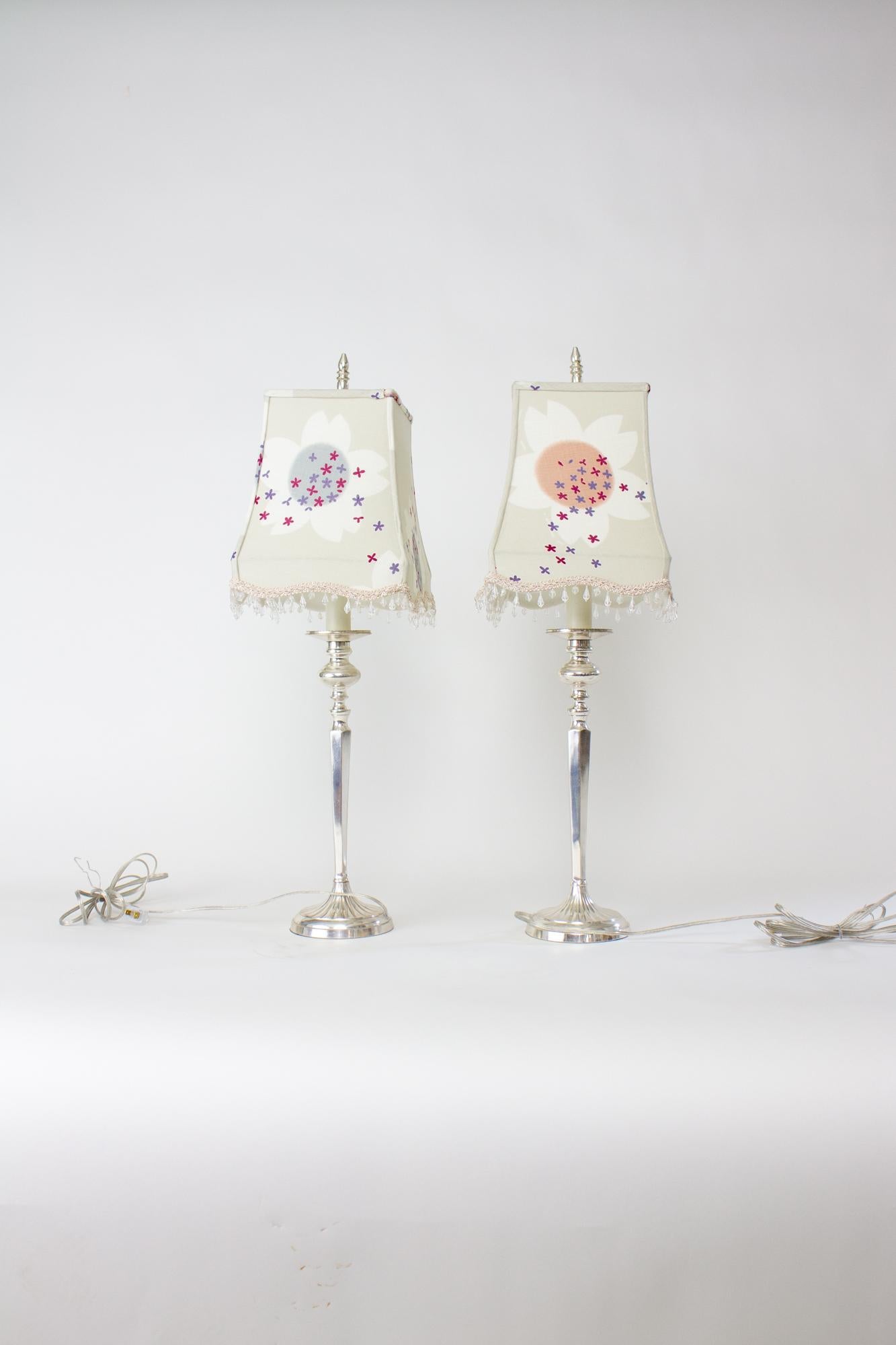20th Century Pair of Silver Table Lamps with Custom Yukata Lampshades For Sale