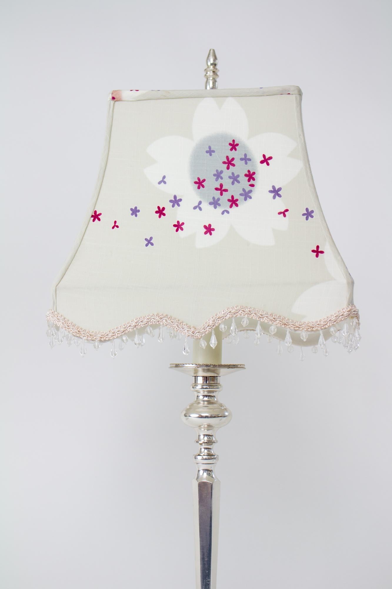 Pair of Silver Table Lamps with Custom Yukata Lampshades For Sale 1