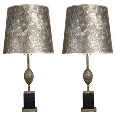 Pair of Silver Tone and Black Marble Lamps