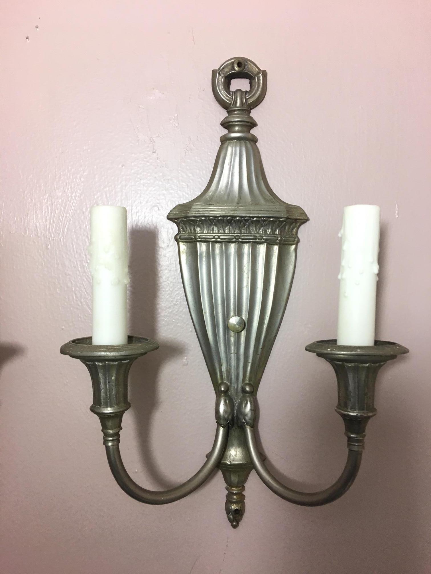 American Pair of Silver Two-Light Urn Sconces, Mid-20th Century