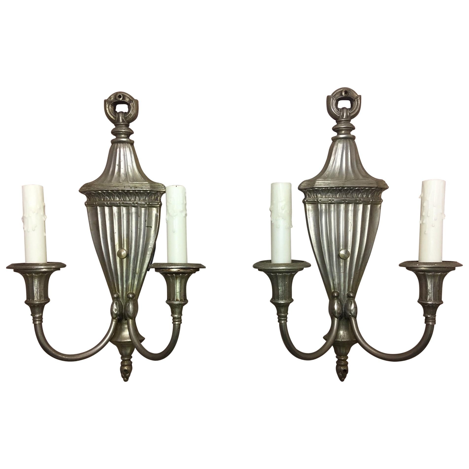 Pair of Silver Two-Light Urn Sconces, Mid-20th Century