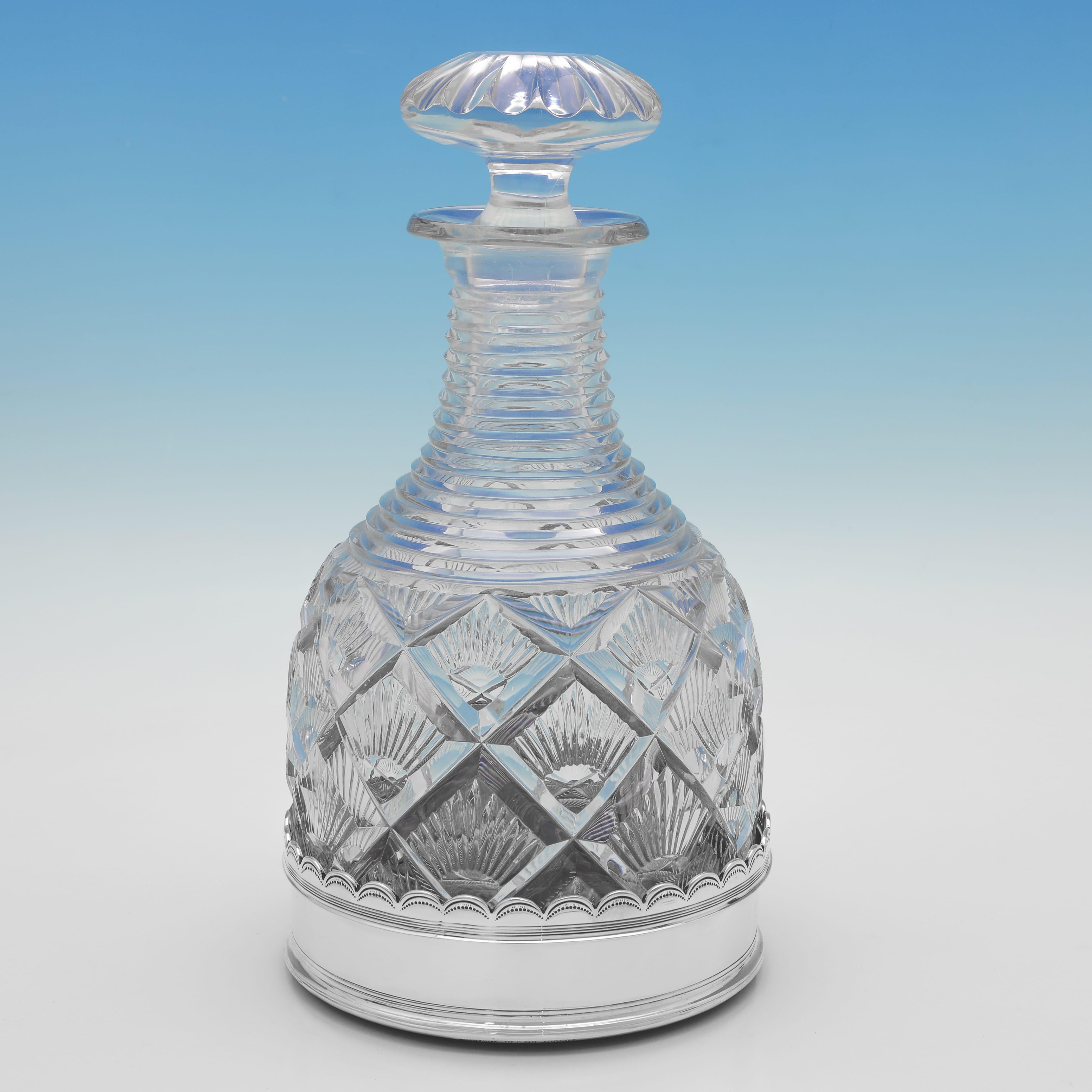 Art Deco Pair of silver wine coasters & original glass decanters - Mappin & Webb 1927
