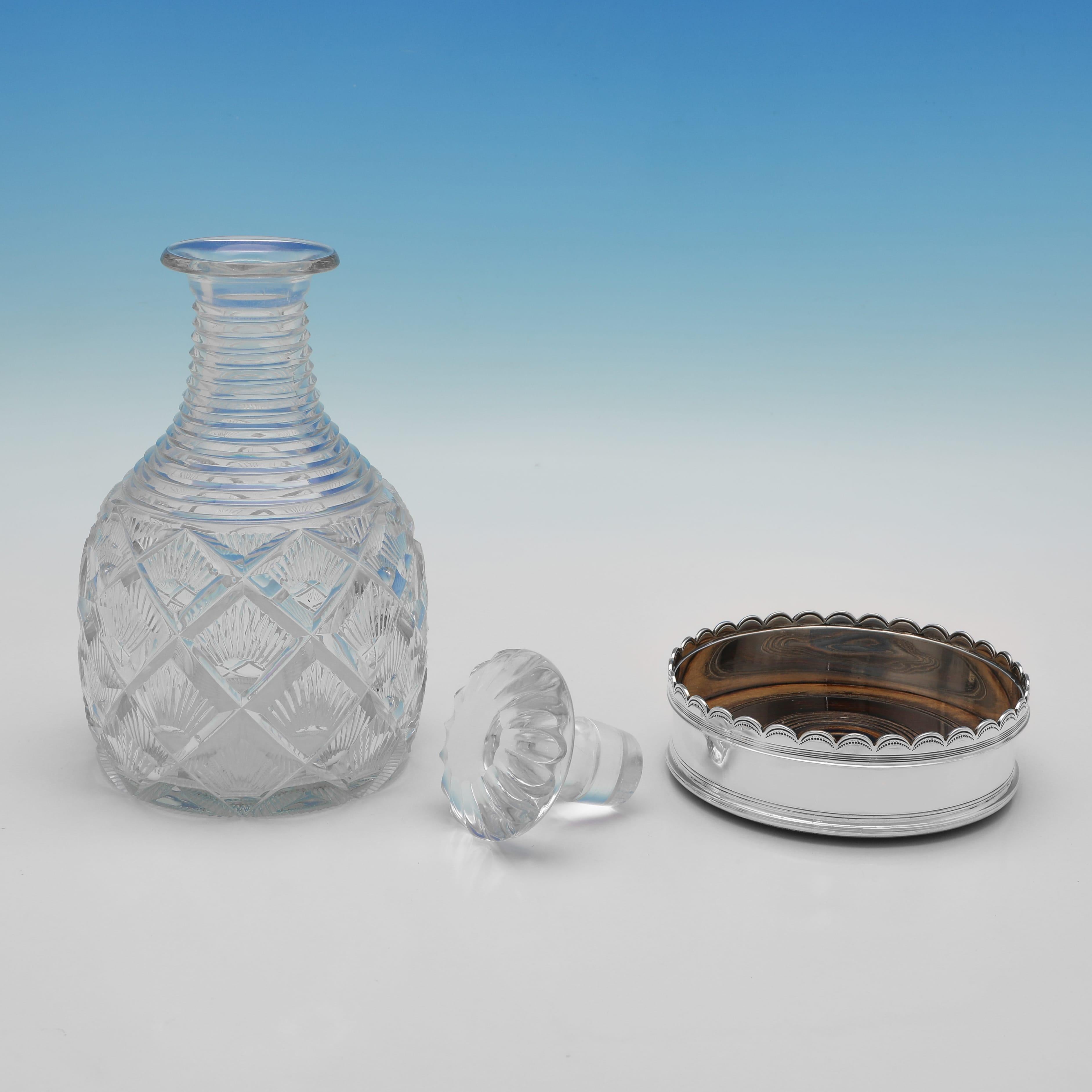 English Pair of silver wine coasters & original glass decanters - Mappin & Webb 1927