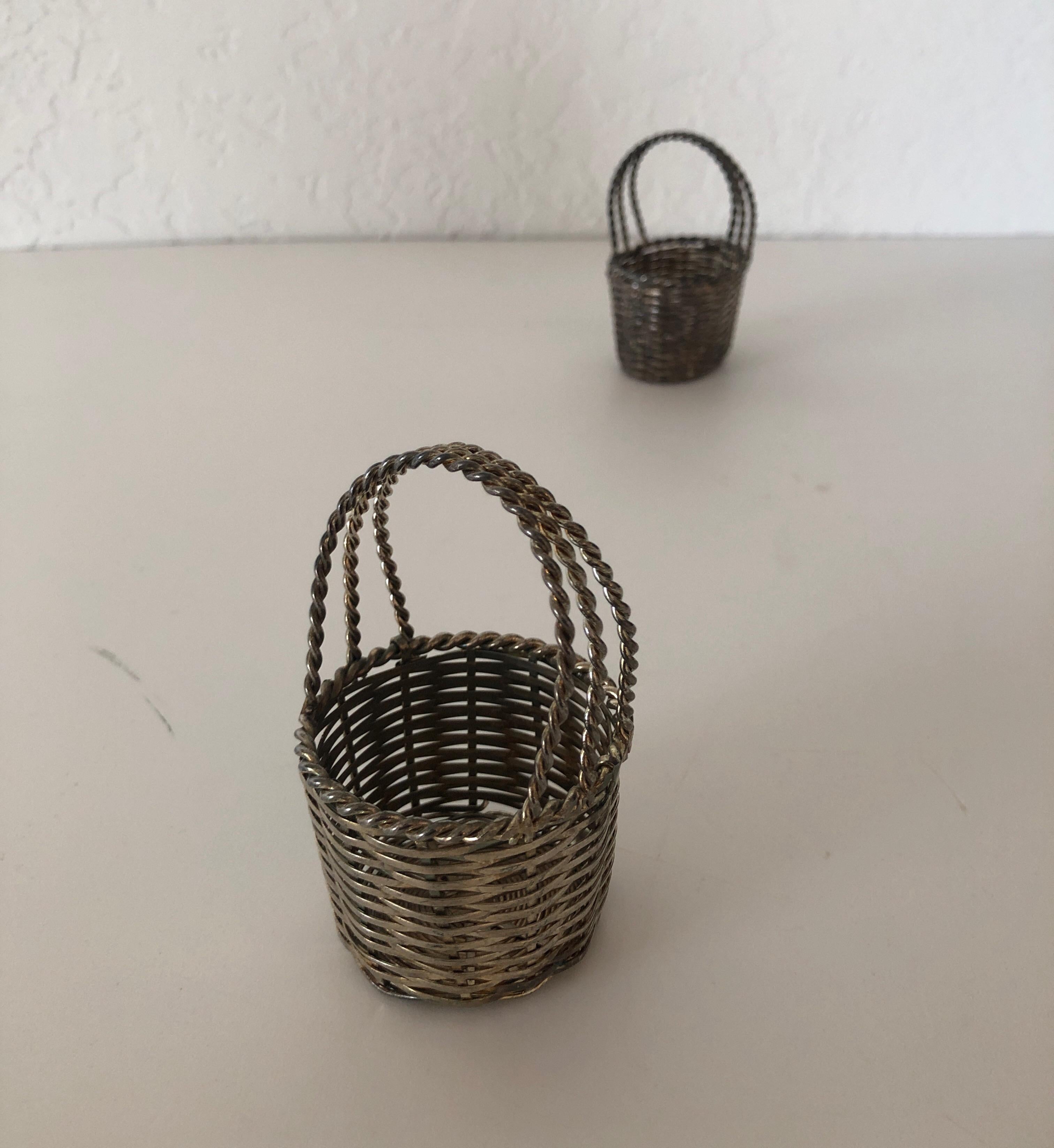 Hand-Crafted Pair of Silver Wire Miniature Decorative Baskets