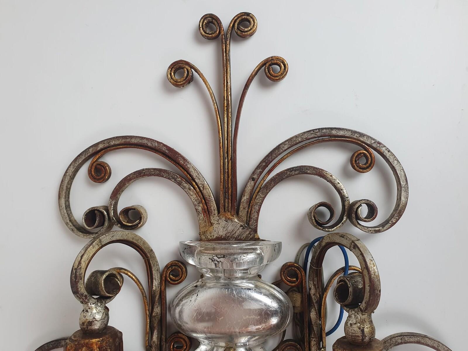 Pair of Silver Wrought Iron And Glass Wall Lights by Banci , Italy, 1940s For Sale 4
