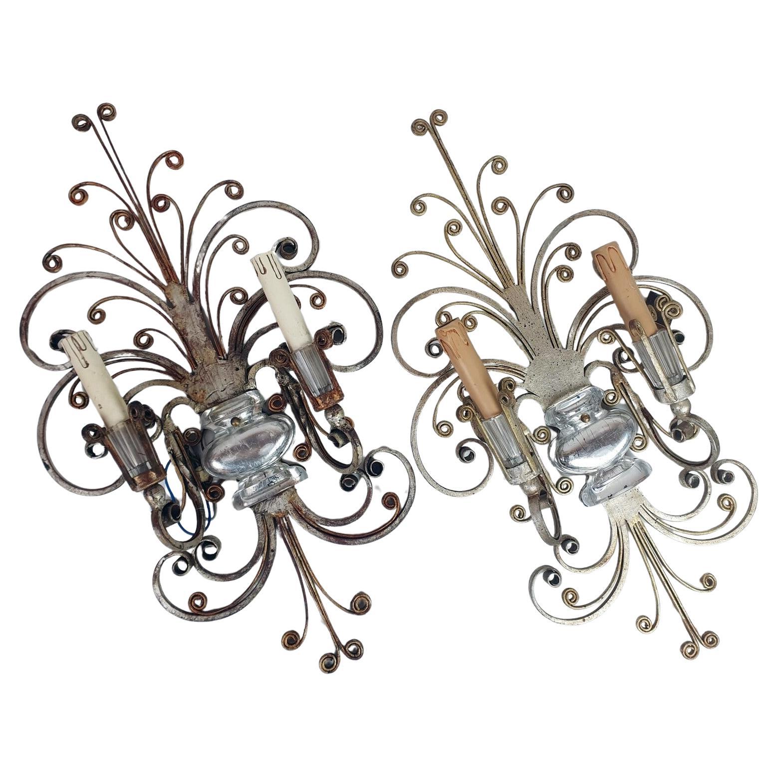 Pair of Silver Wrought Iron And Glass Wall Lights by Banci , Italy, 1940s