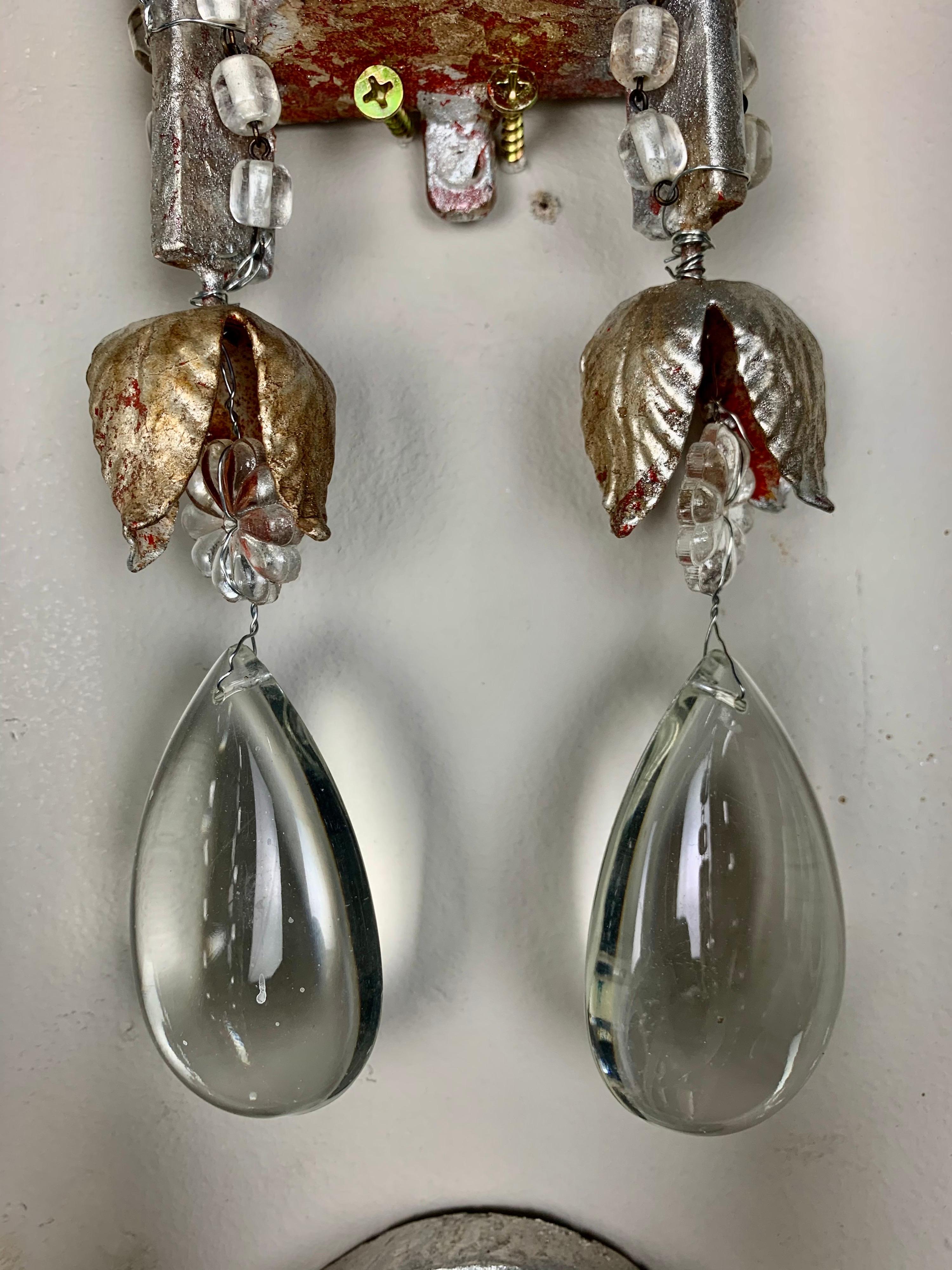 Pair of Silvered 2-Light Crystal Sconces For Sale 4