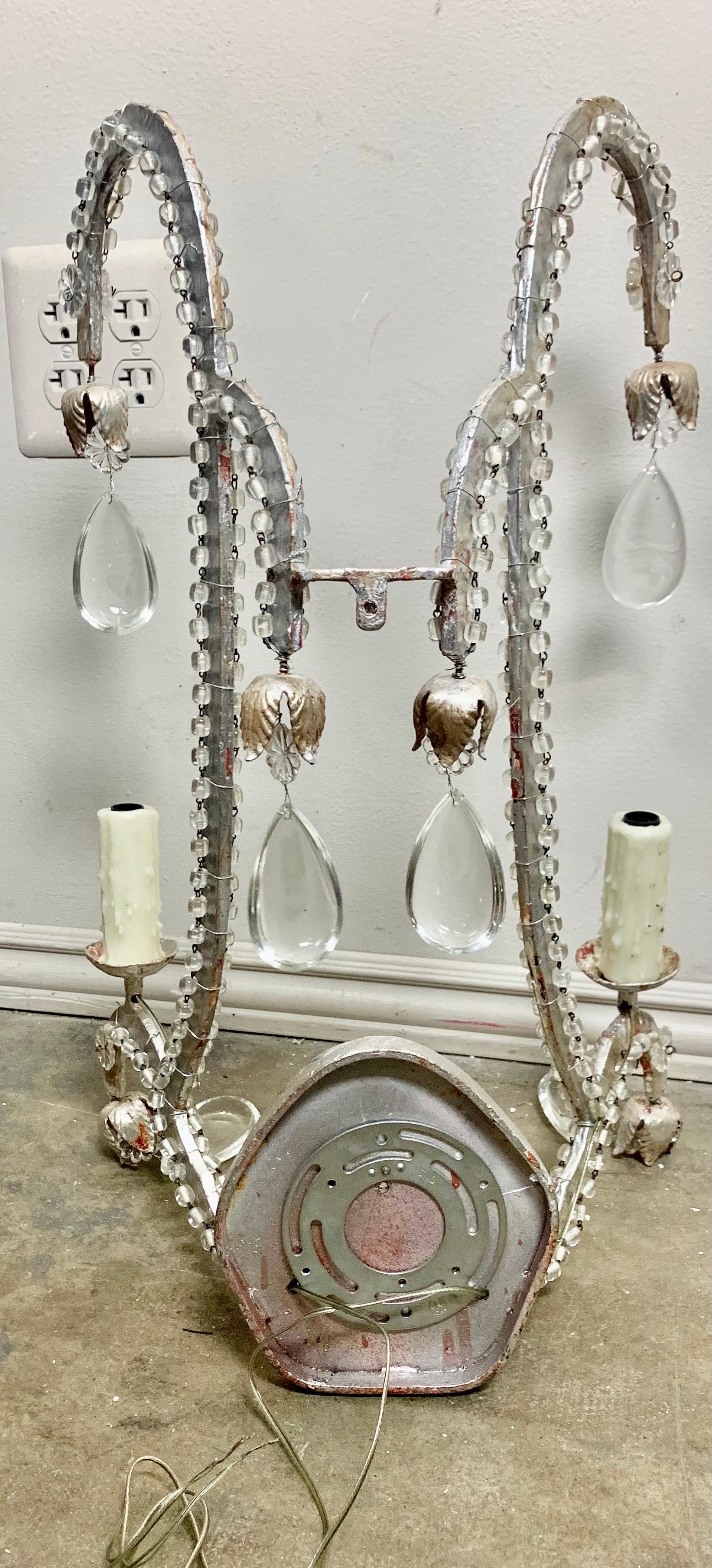 Pair of Silvered 2-Light Crystal Sconces For Sale 6