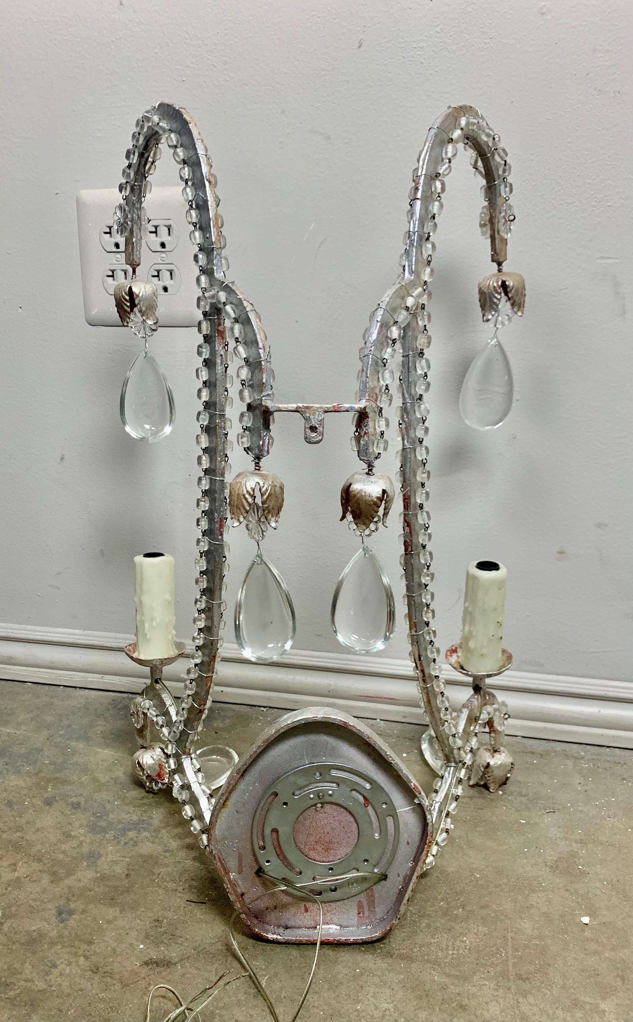 Pair of Silvered 2-Light Crystal Sconces For Sale 7